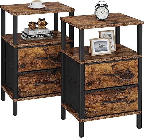 Miniatura 11 de TUTOTAK Mesa auxiliar con estación de carga, mesa auxiliar con 2 puertos USB y tomacorrientes, mesita de noche con cajón de tela, juego de 2, mesa