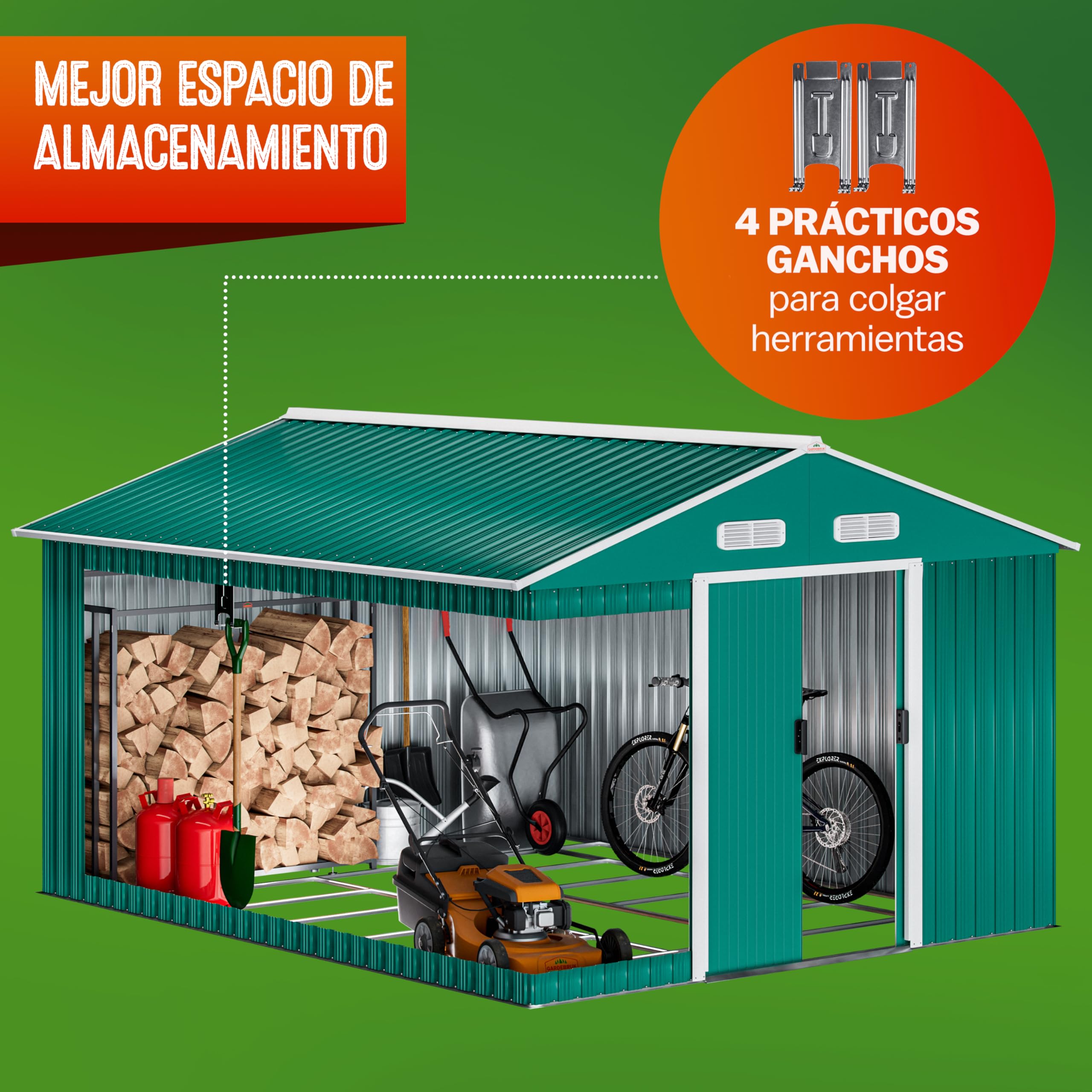 GARDEBRUK® Cobertizo de Jardín 8 m² 312x257x178 cm Caseta Metálica Exterior 15m³ con Base Puerta Corrediza Verde