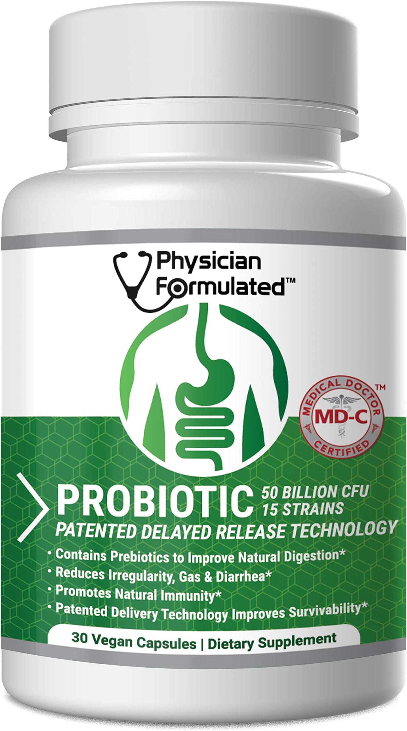 Physician Formulated Probiotics for Women & Men - 50 Billion 15 Strains Slow Release DR Capsules & Prebiotics to Improve Digestive Health, Immune Support Supplement Full Month Supply