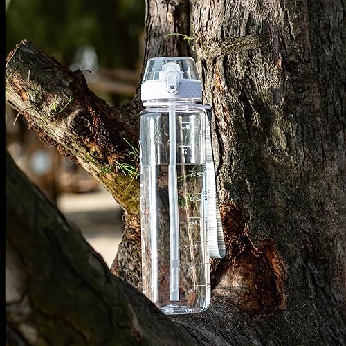 Miniatura 2 de GOPPUS Botella de agua, botellas de agua transparentes con popote, botella deportiva de 32 onzas con marcadores de tiempo, botella de boca ancha
