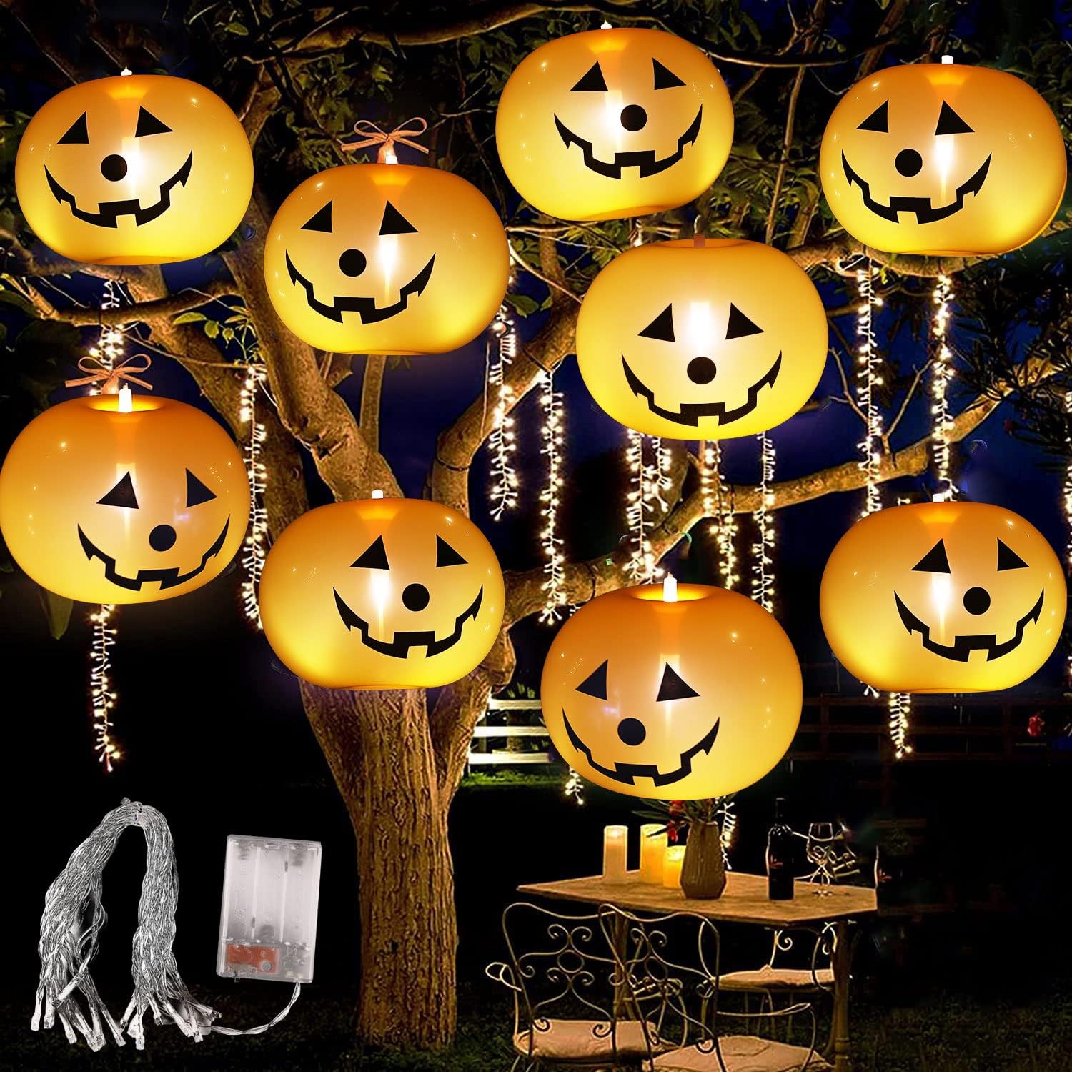 Halloween LED Pumpkin Lights Decorations - 9 Pack Pumpkin Balloons with String Lights Party Supplies,Halloween lights Pumpkin Decor Glowing Latex Balloon for Halloween Indoor Outdoor Party Decorations