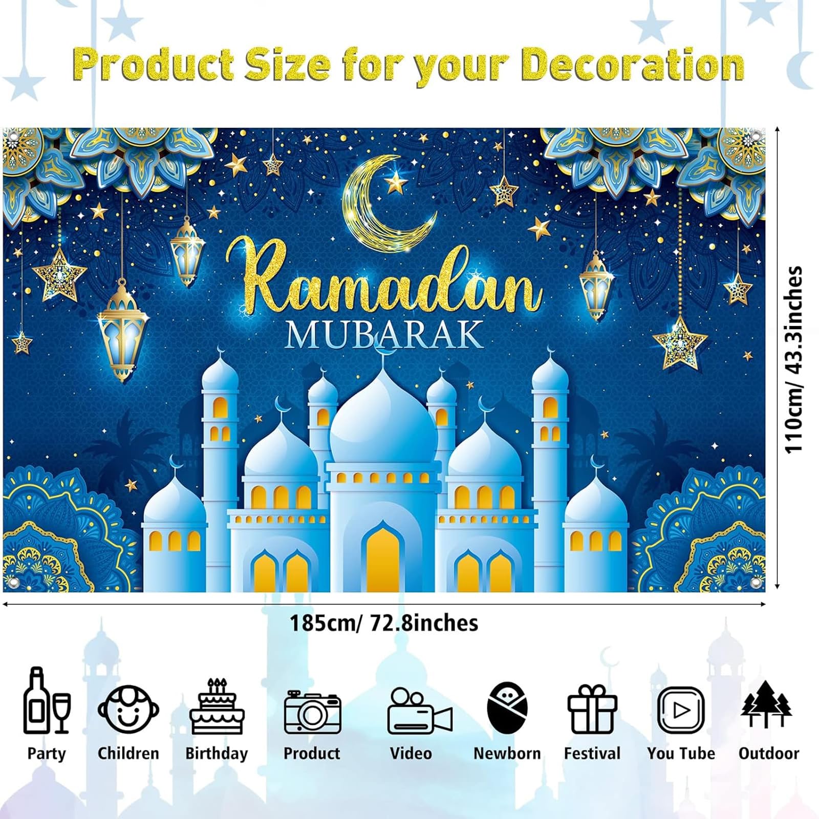 Ramadan Decorations Wall Decor Backdrop Banner Crescent Lantern Design Moon Star Night Sky with Building and Lanterns 180x110 cm for Eid Mubarak Indoor Outdoor Party Supplies Photo Props - Image 2