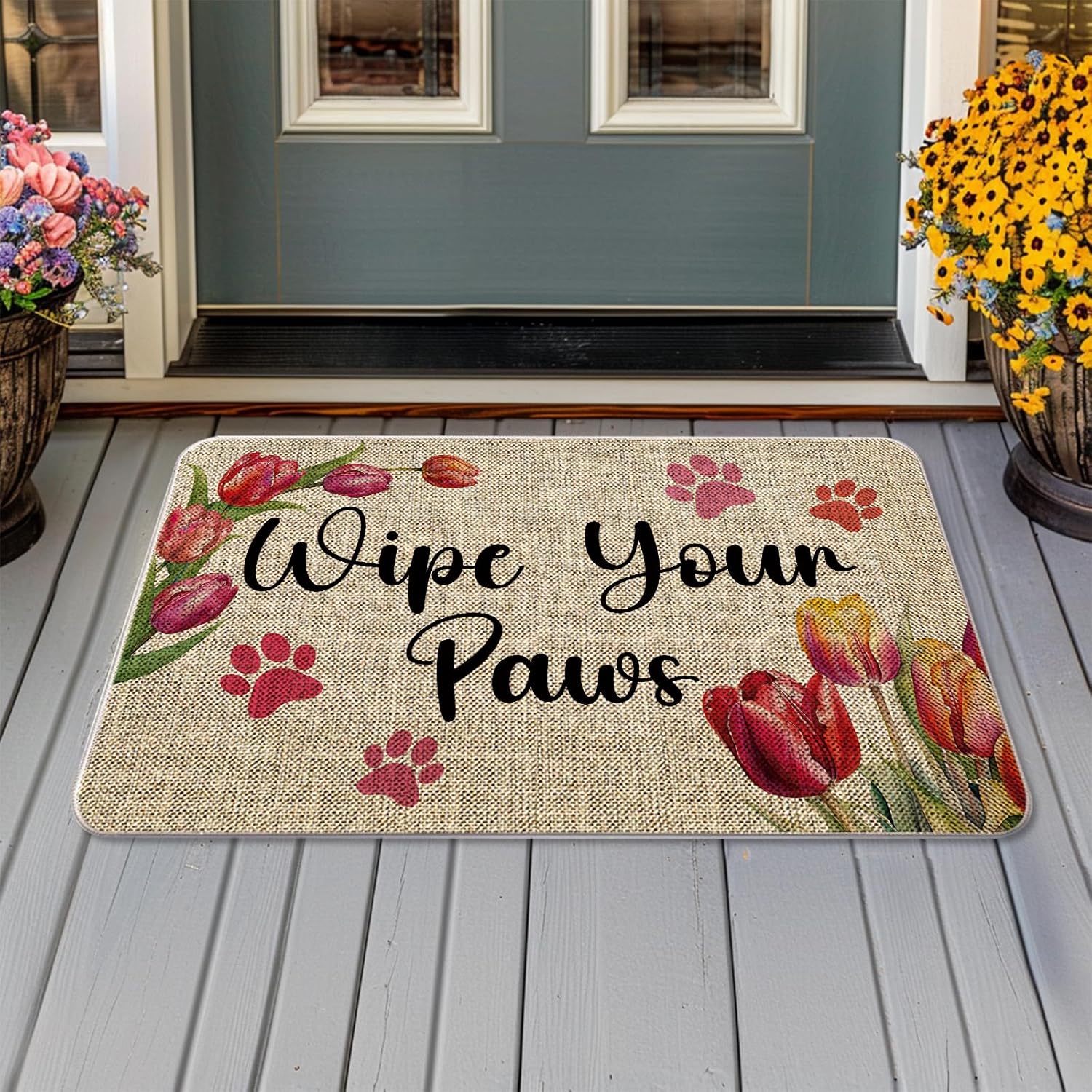 Spring Door Mat Wipe Your Paws Welcome Mat Outdoor Spring Floral Flowers Entrance Rug Farmhouse Home Kitchen Decorations Floor Front Doormats 17 x 27 Inch