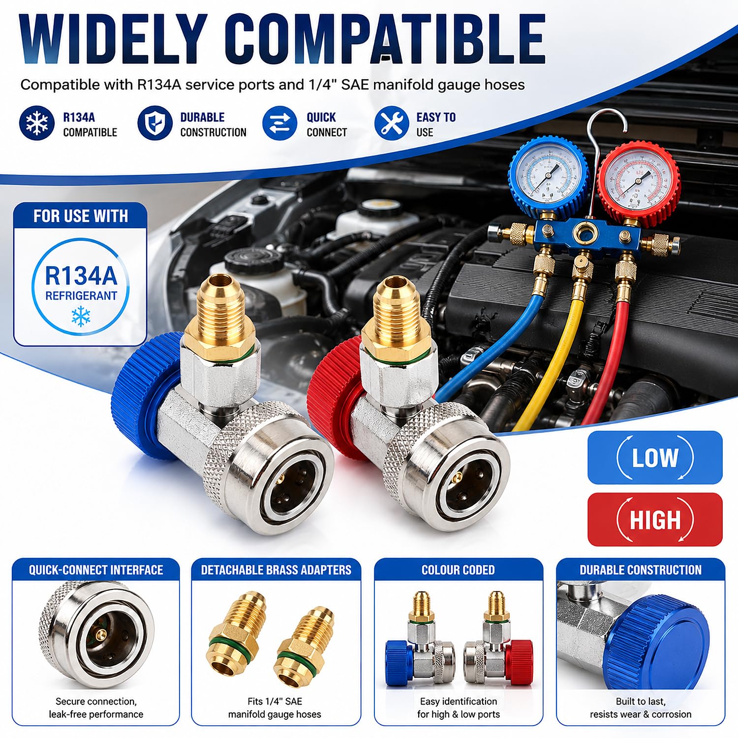 Connecteur Raccord Rapide R134A, Couple Adaptateur R-134A 1/4 Pouce Sae Hvac Raccords De Voiture A/C Raccord Rapide Bas/Haut, Kit Connecteur Flexible Collecteur Freon Hvac