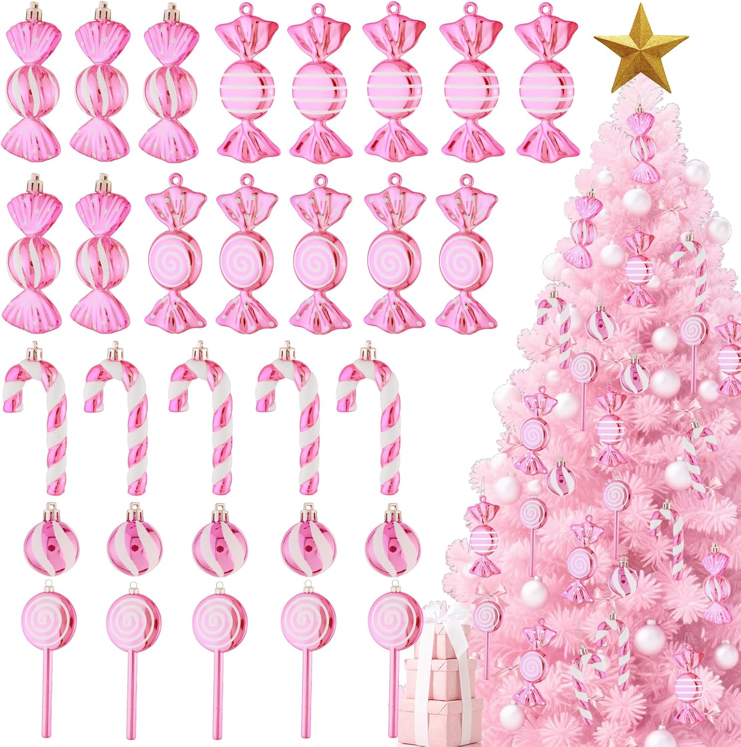 lanpn 30 pcs 4.5" candy cane christmas decorations, peppermint candies xmas tree ornaments, mini pink white lollipop candy canes, plastic crutch pendant hanging decor candyland holiday indoor outdoor pink white 4.3"/30 pcs