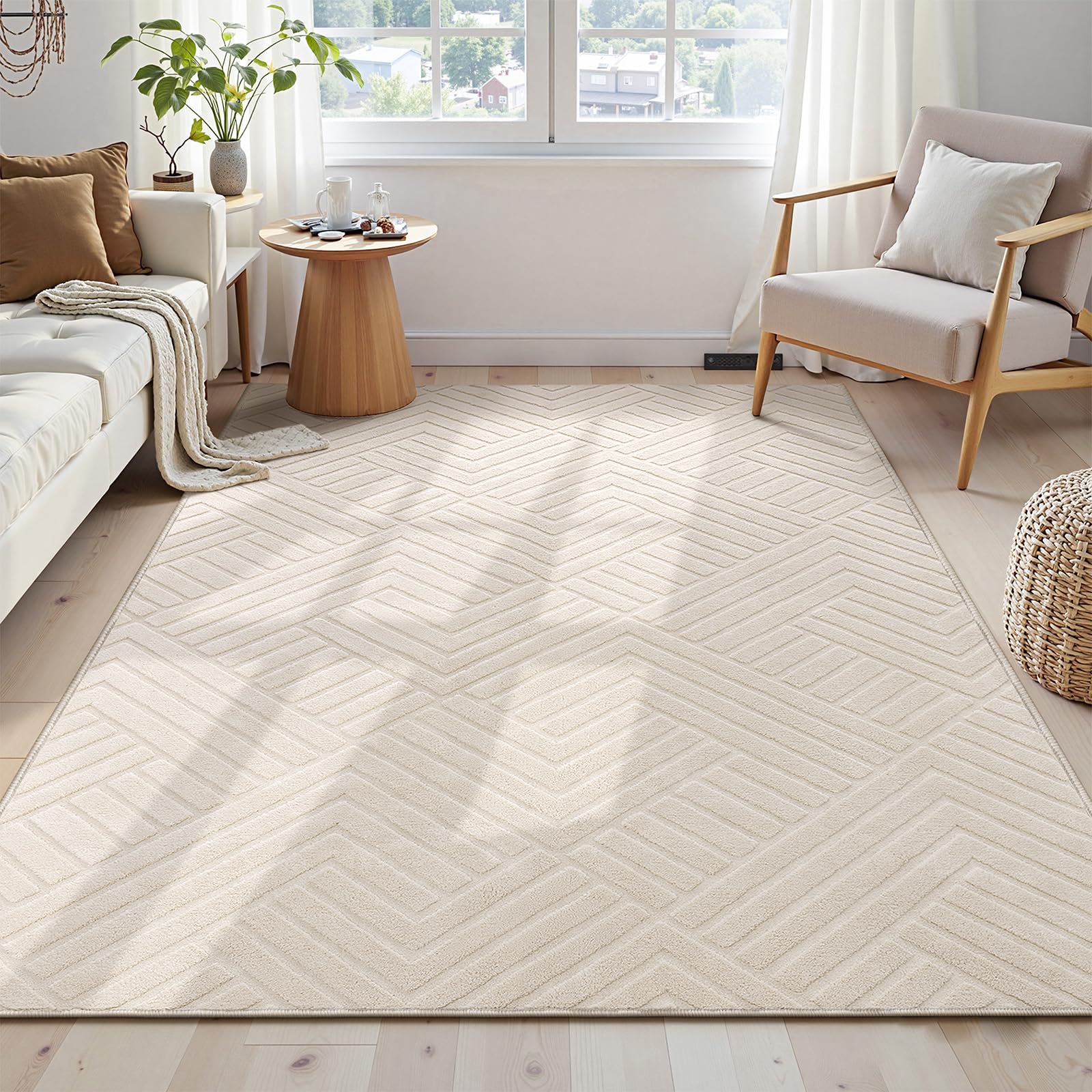 Enyhom Soft Living Room Rug, Non‑Slip Washable Cream Carpet 120x160cm, Large Fluffy Area Rugs Modern Short Pile Plush Indoor Floor Mat for Bedroom Kids Pet Home