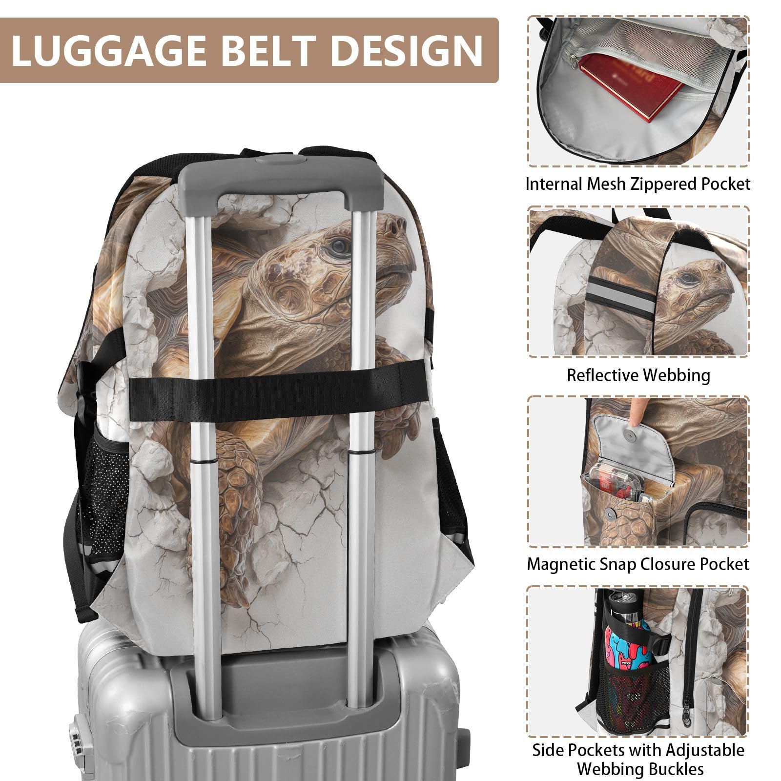 Sac à dos de voyage tortue africaine 3D pour femme et homme - 44,5 cm