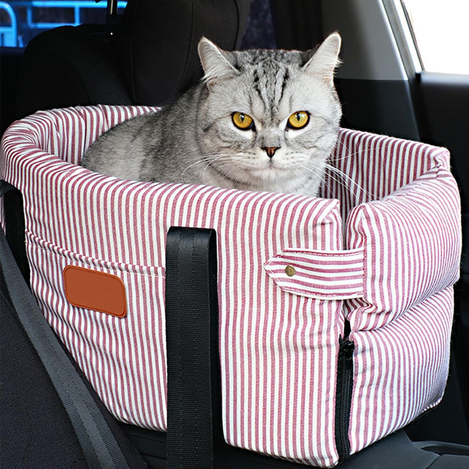 PJDDP Center Console Dog Car Seat for Dogs Cats Puppy Competely Washable and Detachable Pet Armrest Car Seat Equipped with Safety Rope and Storage Bag for Travel,Outgoing,Home,Red stripes