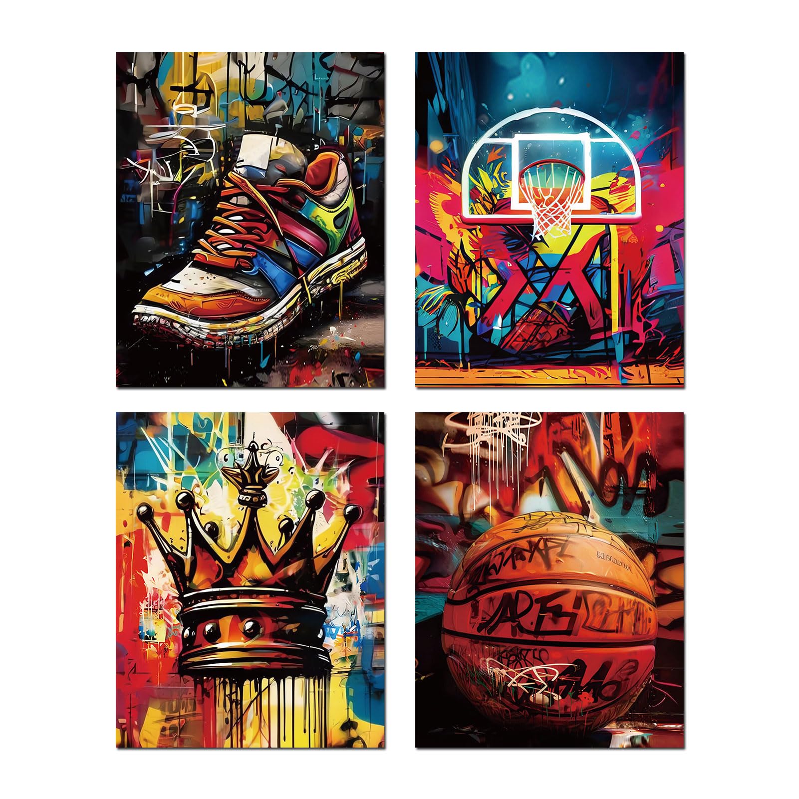 AIOCDIT Basketball Graffiti Canvas Wall Art Prints Teen Boys Room Wall Decor,Sports Colorful Art Posters Modern Bedroom Man Cave Decorations Set of 4 (8"x10",Unframed).