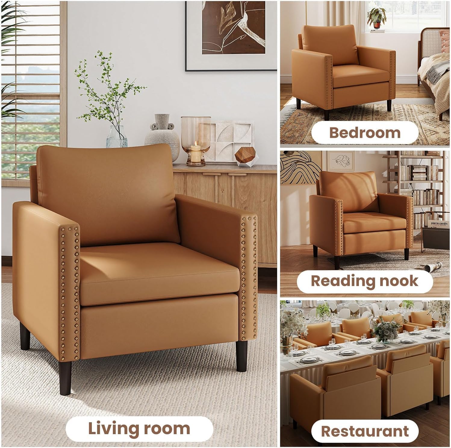 Modern Linen Fabric Armchair, Mid-Century Accent Chair for Living Room, Comfy Upholstered Reading Accent Chairs for Bedroom and Office, Single Sofa Chair with Wood Legs
