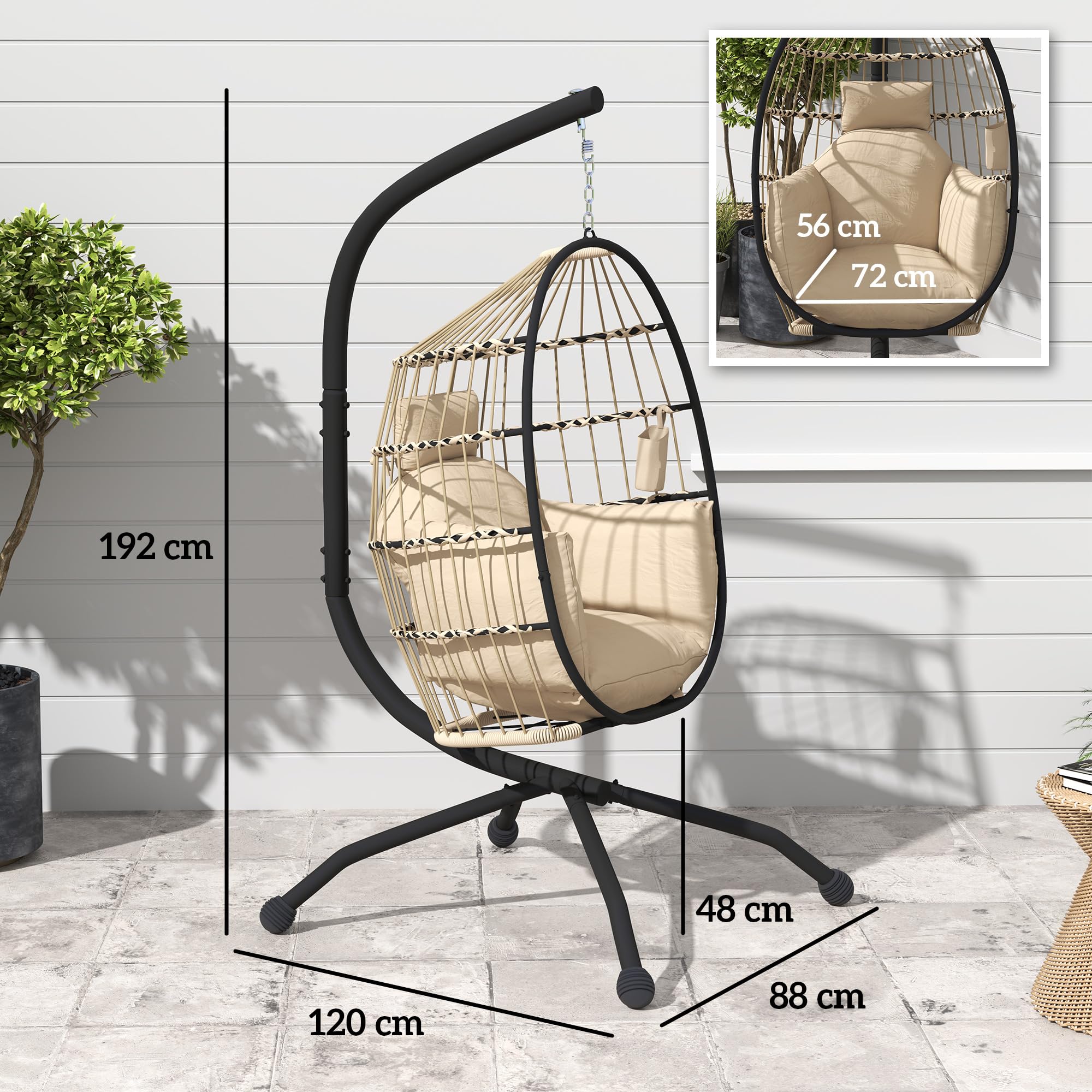 Outsunny Poltrona Sospesa a Uovo 120x88x192 cm Cachi con Gancio Regolabile 2 Cuscini Lavabili Base Acciaio