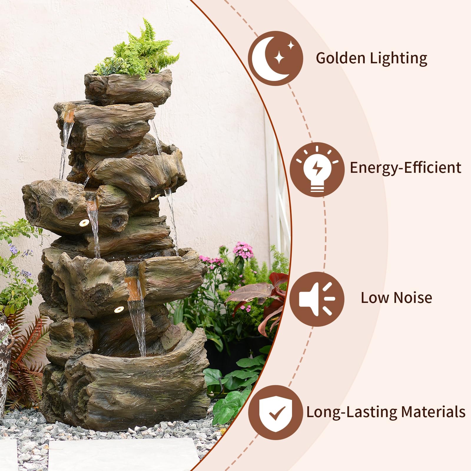 Sunlinua 103 cm H 4-stufiger Gartenbrunnen im Felsen-Look mit LED, Wasserfall und Springbrunnen für Garten, Terrasse, Balkon oder Hof, aus Harz