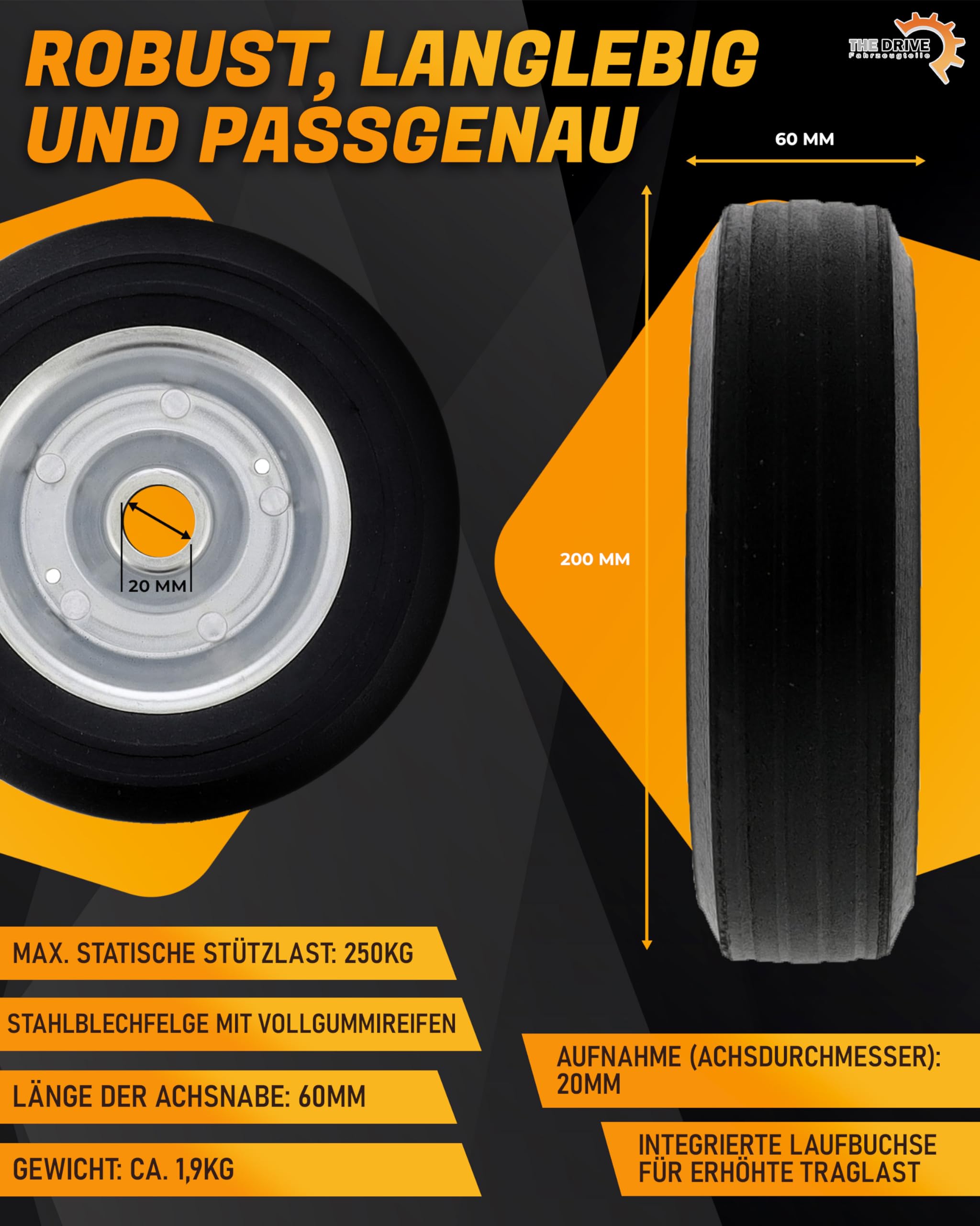 Ersatzrad 200x60 mm für PKW Anhänger-Stützrad | 400 kg Traglast | Ø 20mm Achsdurchmesser | Vollgummi mit Stahlfelge