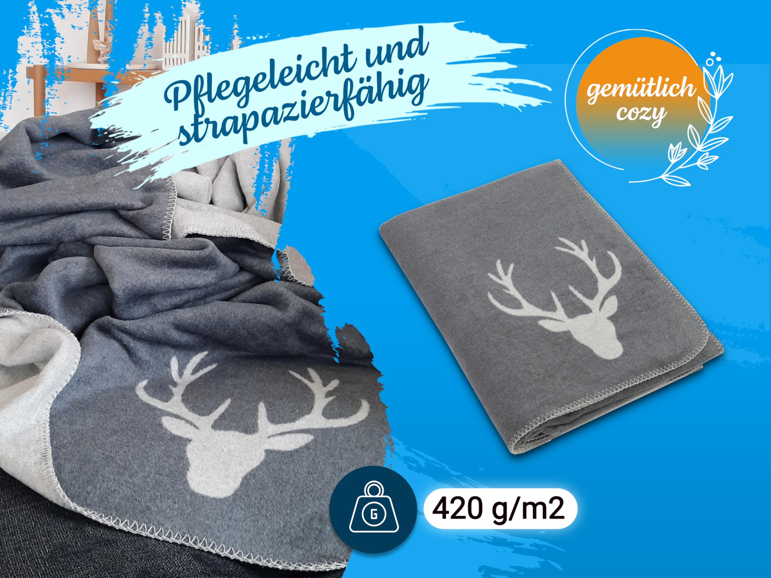 ZOLLNER Kuscheldecke in 150x200 cm - Flauschige und weiche Wendedecke in Zwei schlichten Farben - Trendige Hirschkopfeinwebung in grau - Mischgewebe - waschbar bis 40°C – Oeko Tex® Zertifiziert