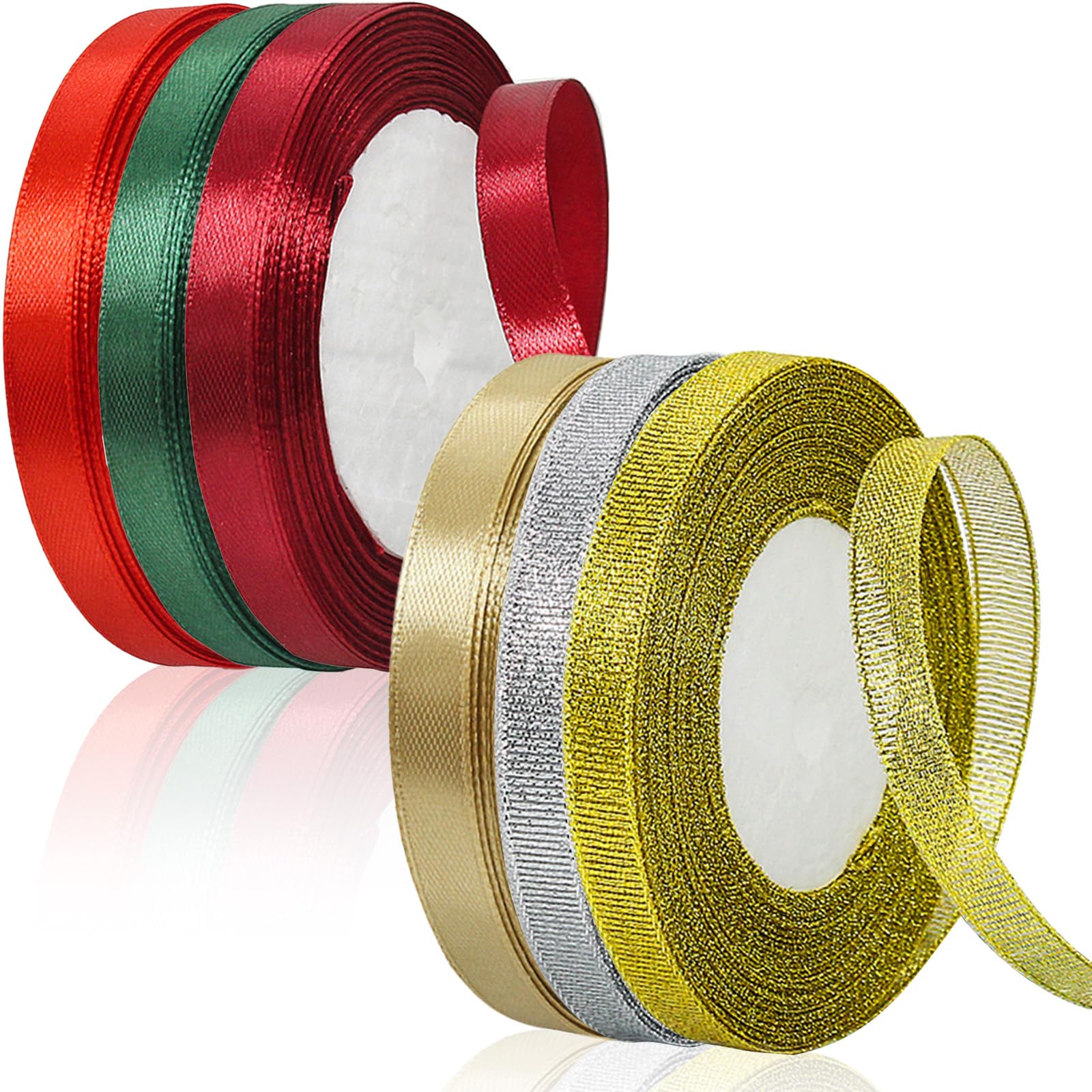 6 Rolls 10mm Christmas Ribbons,22M/Roll Satin Ribbon Set for Gift Xmas Wrapping,Red|Dark Green|Champagne|Burgundy|Clear Gold Silver Christmas Themed Colors for DIY Craft Decorative,Xmas Tree Decors
