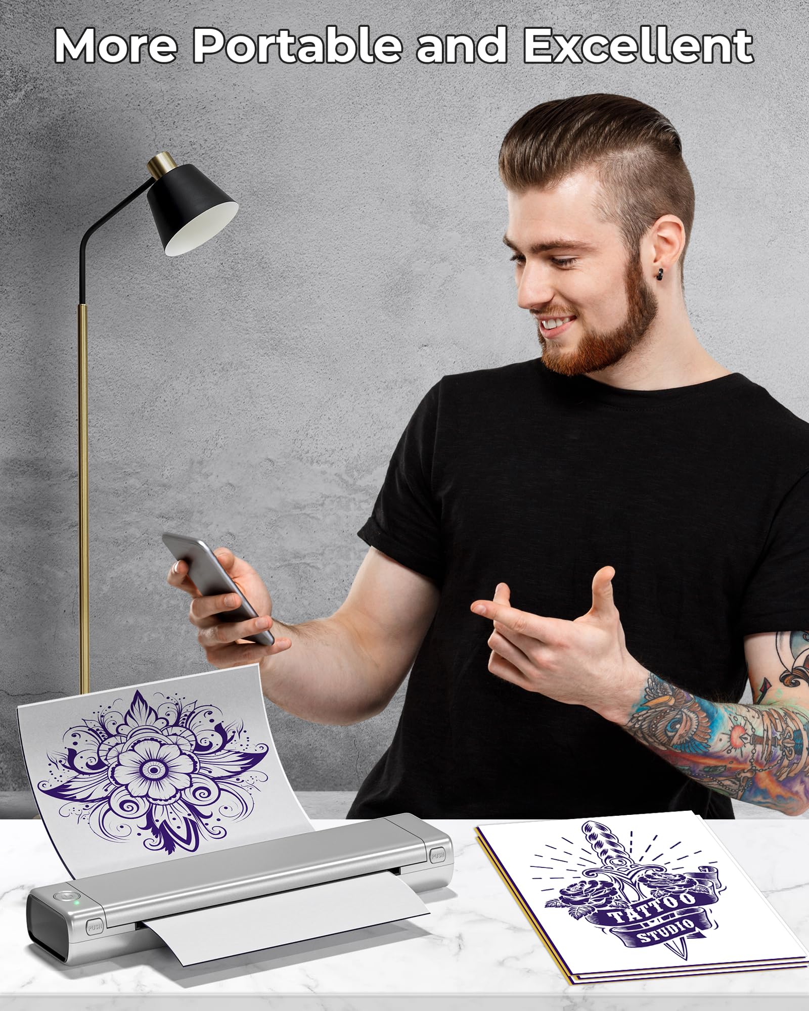 Itari M08F Stampante Stencil Tattoo - Copiatrice Stampante Tattoo Stencil con 10 Fogli di Carta da Trasferimento, Stampante Termica Bluetooth per Tatuaggi, Compatibile con Smartphone e PC, Argento