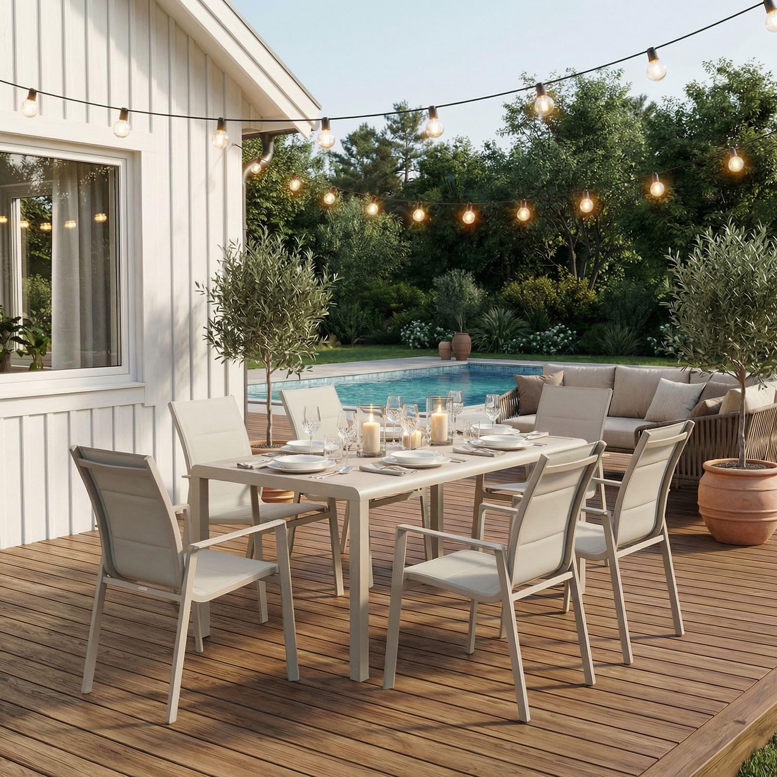 IDIMEX Gartenmöbel Set Trapani mit 6 Stühlen, Champagner - Outdoor Essgruppe mit Aluminiumgestell, Gartentisch 160x90 cm wetterfest und pflegeleicht, Sitzgruppe mit gepolsterten Textilene-Sitzflächen