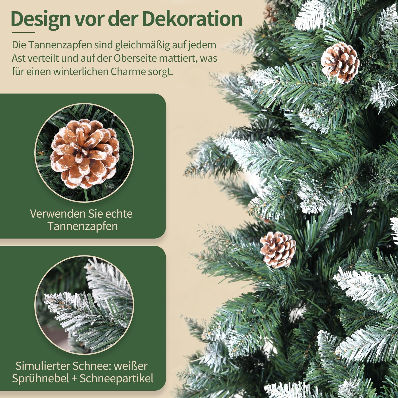 LIFERUN Albero di Natale Innevato 180cm, Albero di Natale Artificiale con 32PCS Pigne, Super Folto, Effetto Realistico e Rami con Aghi Anticaduta, Supporto in Legno, 1092 Punte, Decorazione Natalizia