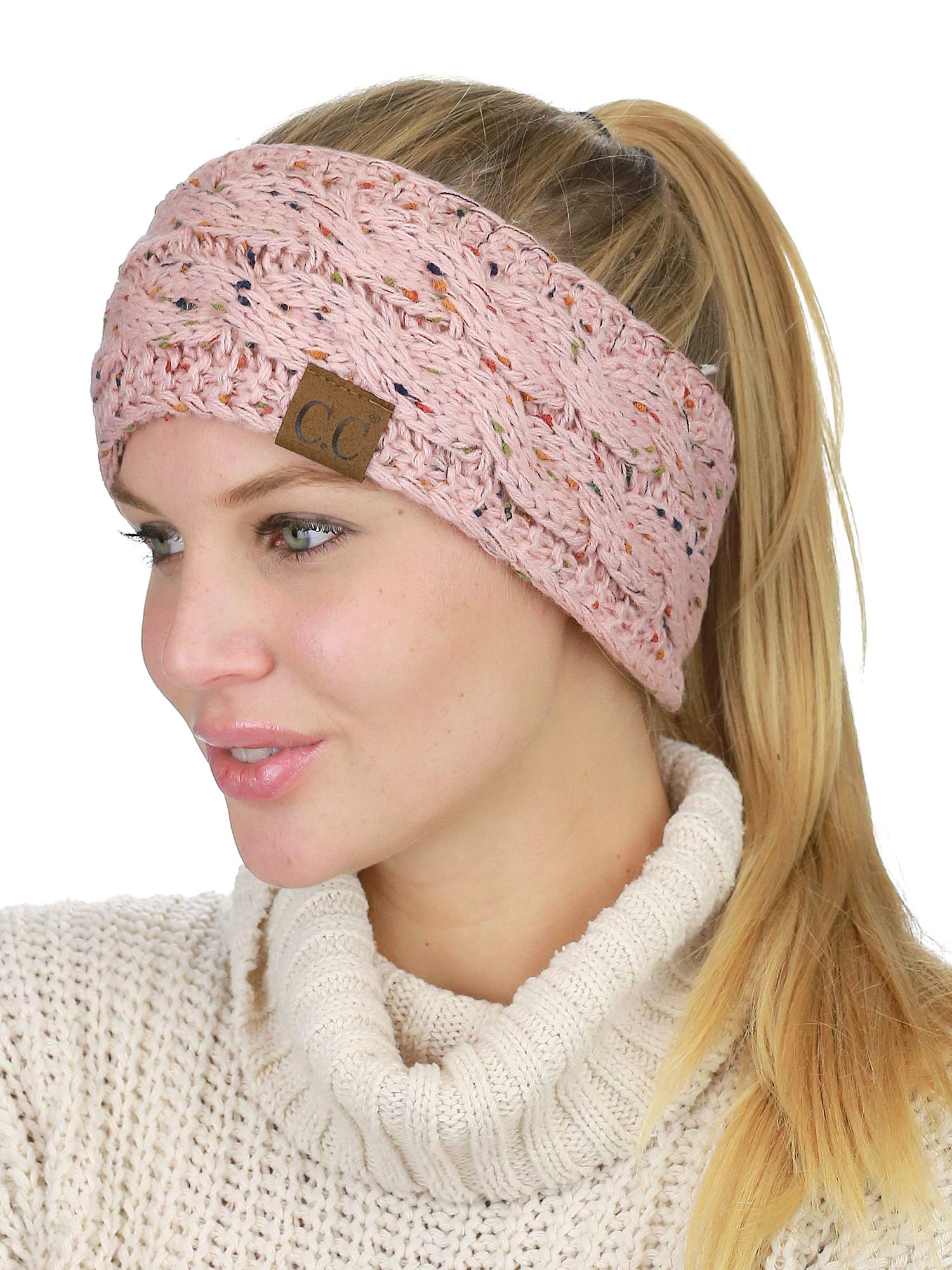 C.CSoft Stretch Winter Warm Cable Knit Fuzzy Lined Ear Warmer Headband, Confetti Indi Pink