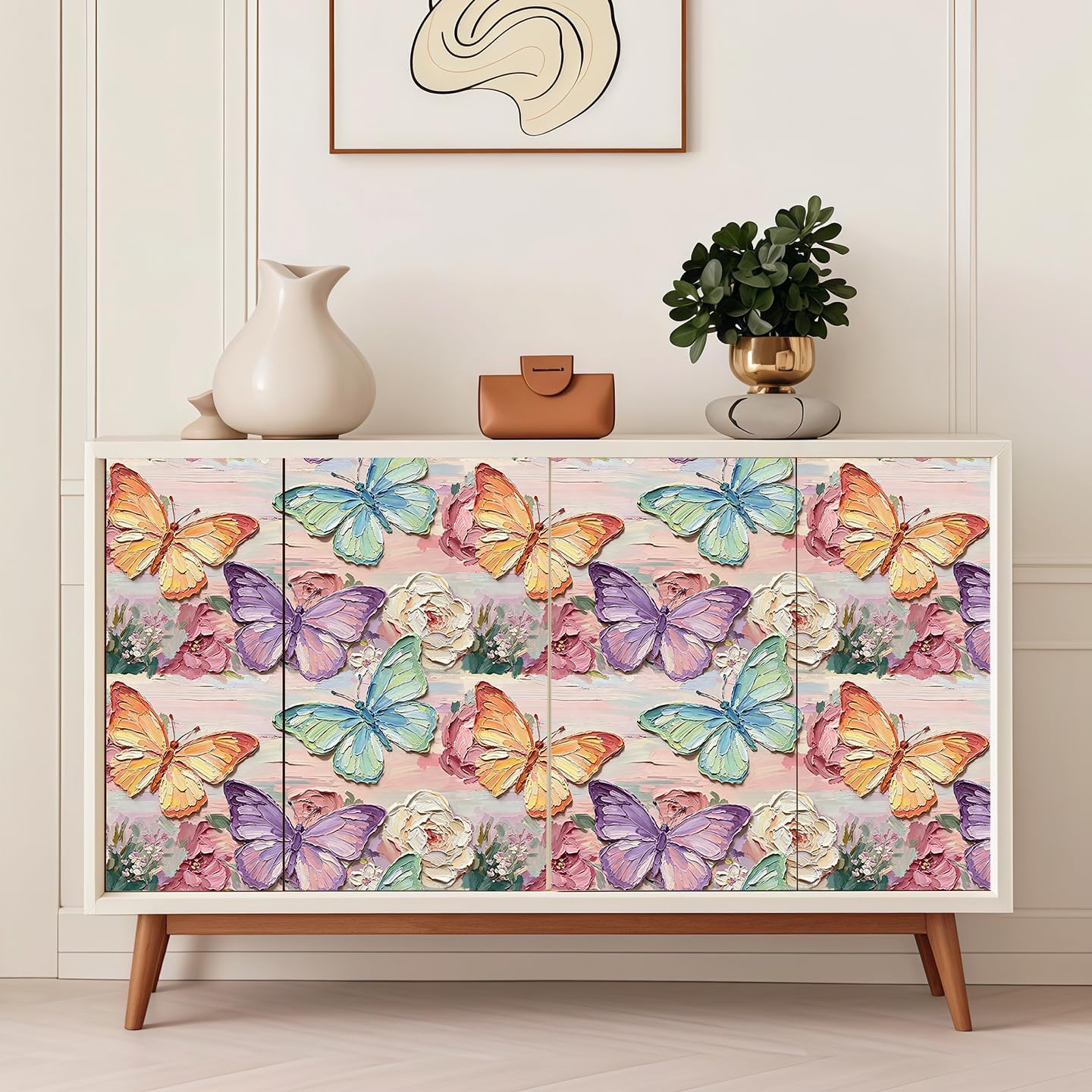 Oil Painting Butterfly Floral Shelf Liner Contact Paper Pastel 3D Textured Peel and Stick Wallpaper for Bedroom Nursery Dresser Cabinet Drawer Wall Decal 17.3X117 Inches