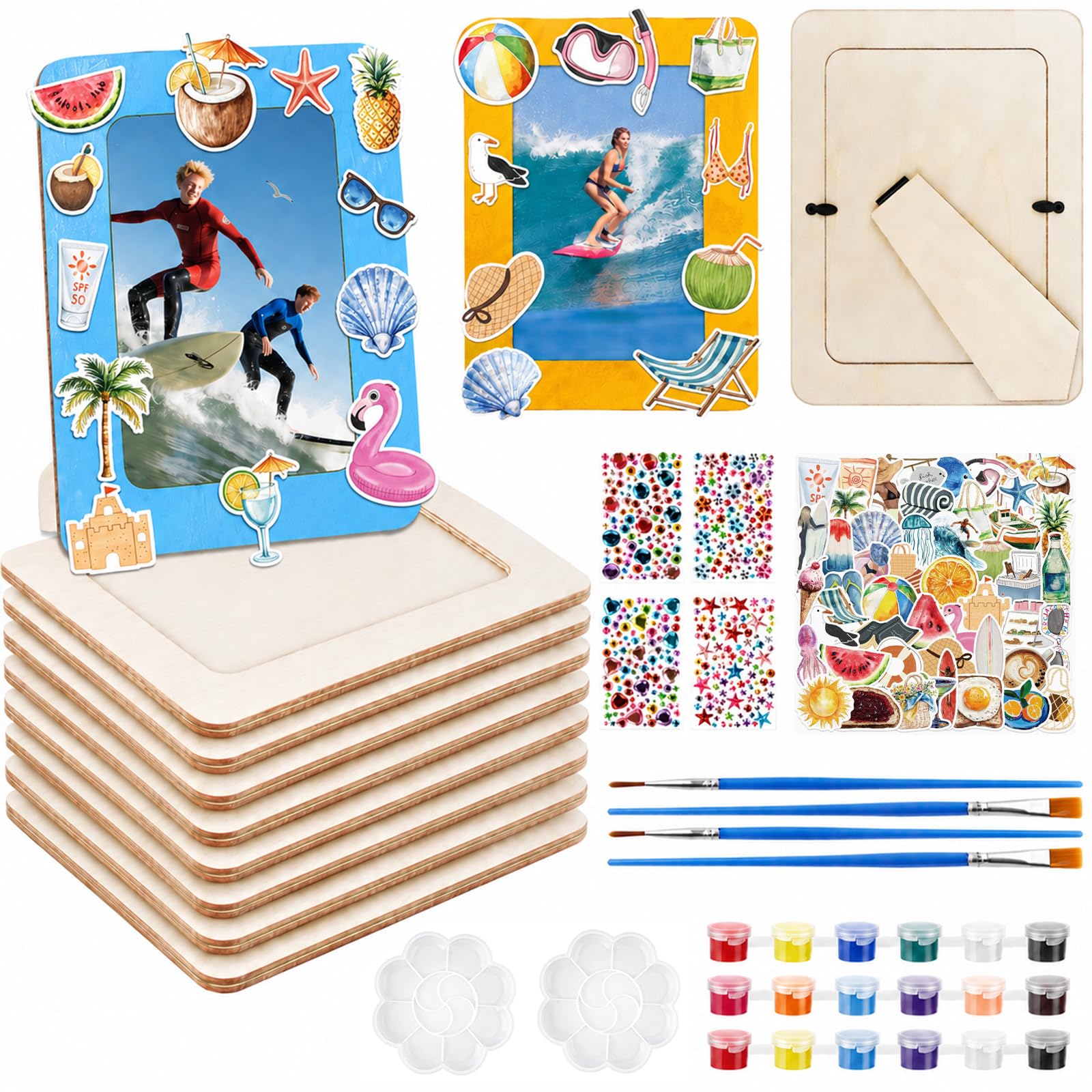 Xecamuvila 8 Pack DIY Photo Frame Kit – Wooden Frames for Craft with Stickers, Pigments and Gemstone Stickers, 6 Inch Self-standing Wooden Photo Frame for Kids Arts and Crafts