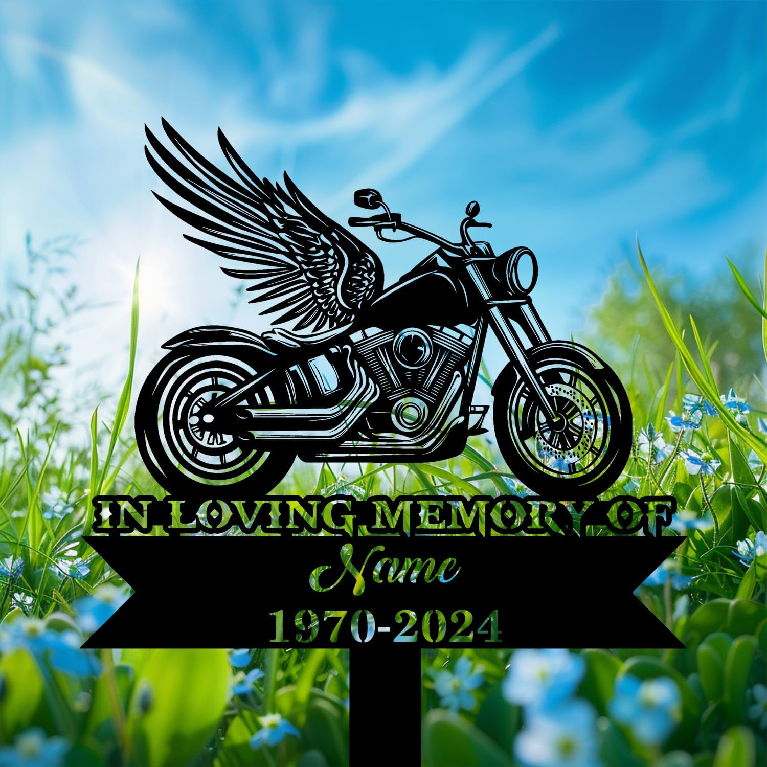 Personalized Motorcycle Biker Memorial Gift Chopper Motorcycle with Wings Memorial Garden Stake 8-24 inch Biker Dad Son Loss Gift, Biker Grave Marker (Chopper Motorcycle with Wings)