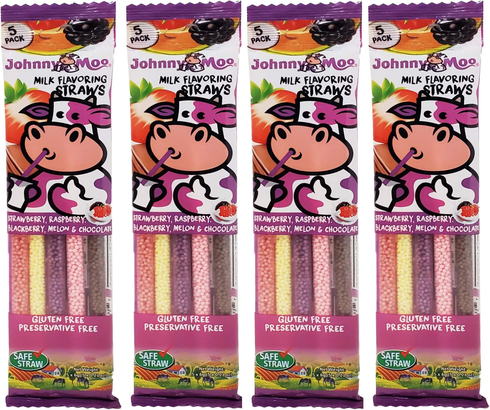 Johnny Moo Milk Flavoring Straws Berry Platter Variety Pack - Strawberry, Raspberry, Blackberry, Melon, and Chocolate [4 packs of 5] 20 Straws