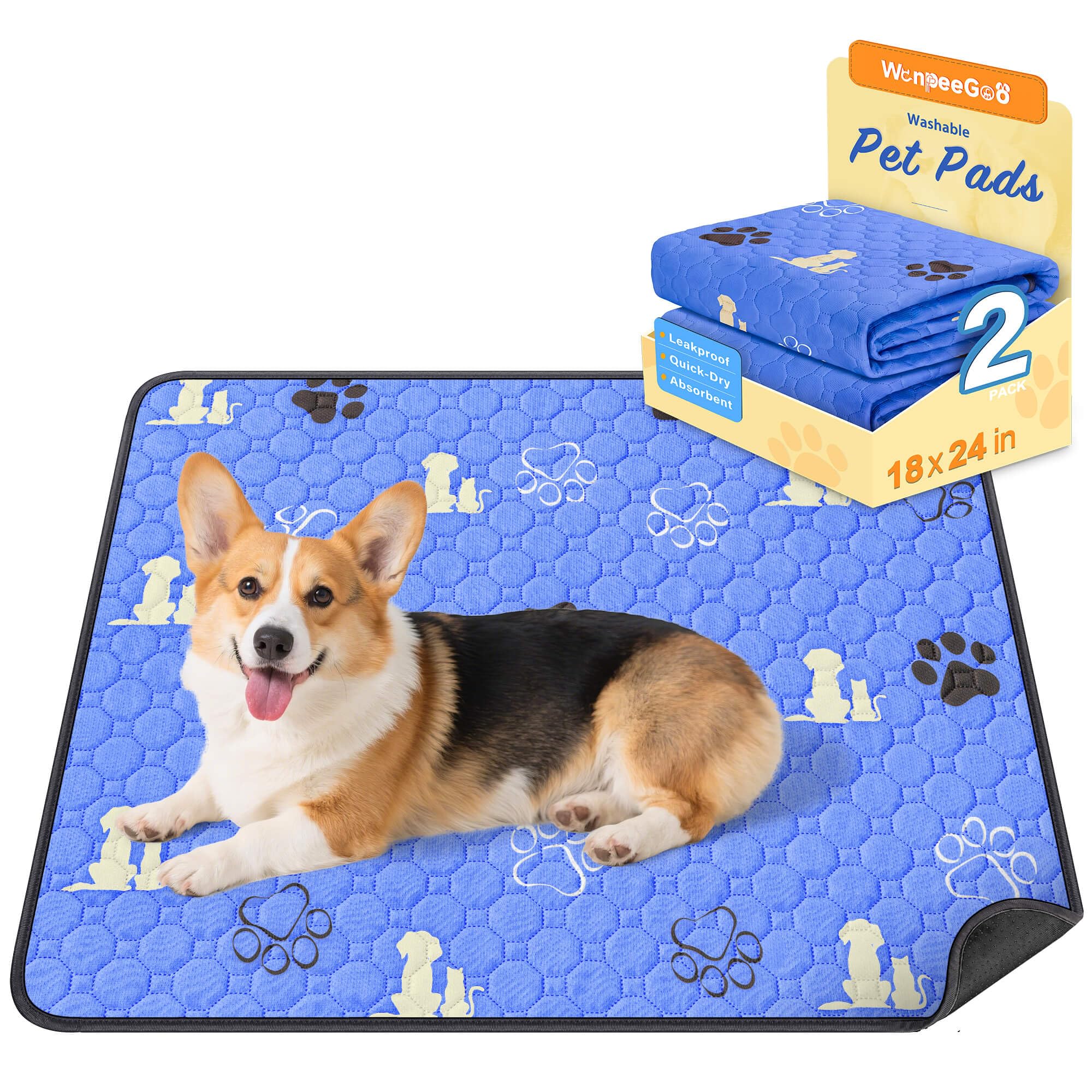 WanpeeGoo Washable Pee Pads for Dogs, Waterproof, 46 x 61 cm, 2 Pack, Blu