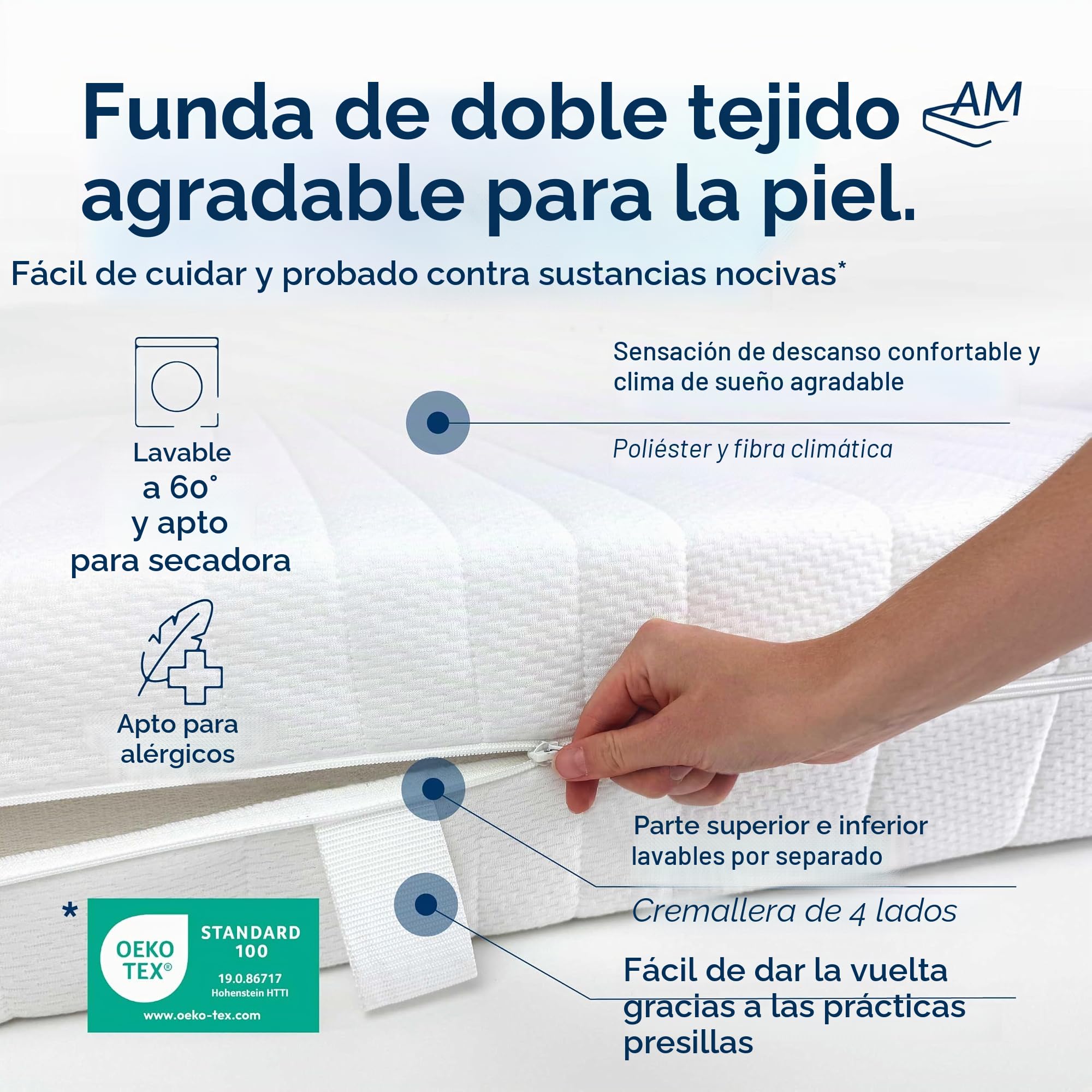 AM Qualitätsmatratzen Colchón muelles ensacados 150x190 cm - firmeza Media & 20 cm - Colchón 150x190 muelles ensacados de 7 Zonas - Colchón 150x190 ergonómico con Funda Lavable - Certificado Oeko Tex