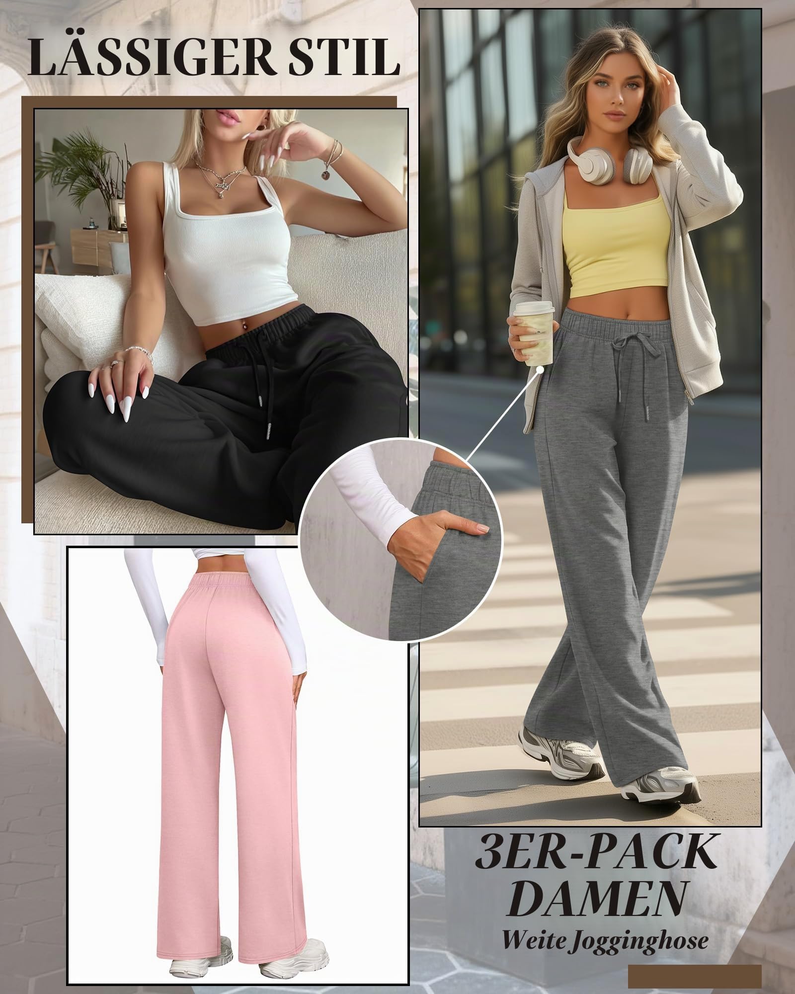 Riyiper 3er Pack Damen Jogginghosen mit Weitem Bein Kordelzug Gerade Hose Jogginghose mit Elastischem Bund und Taschen