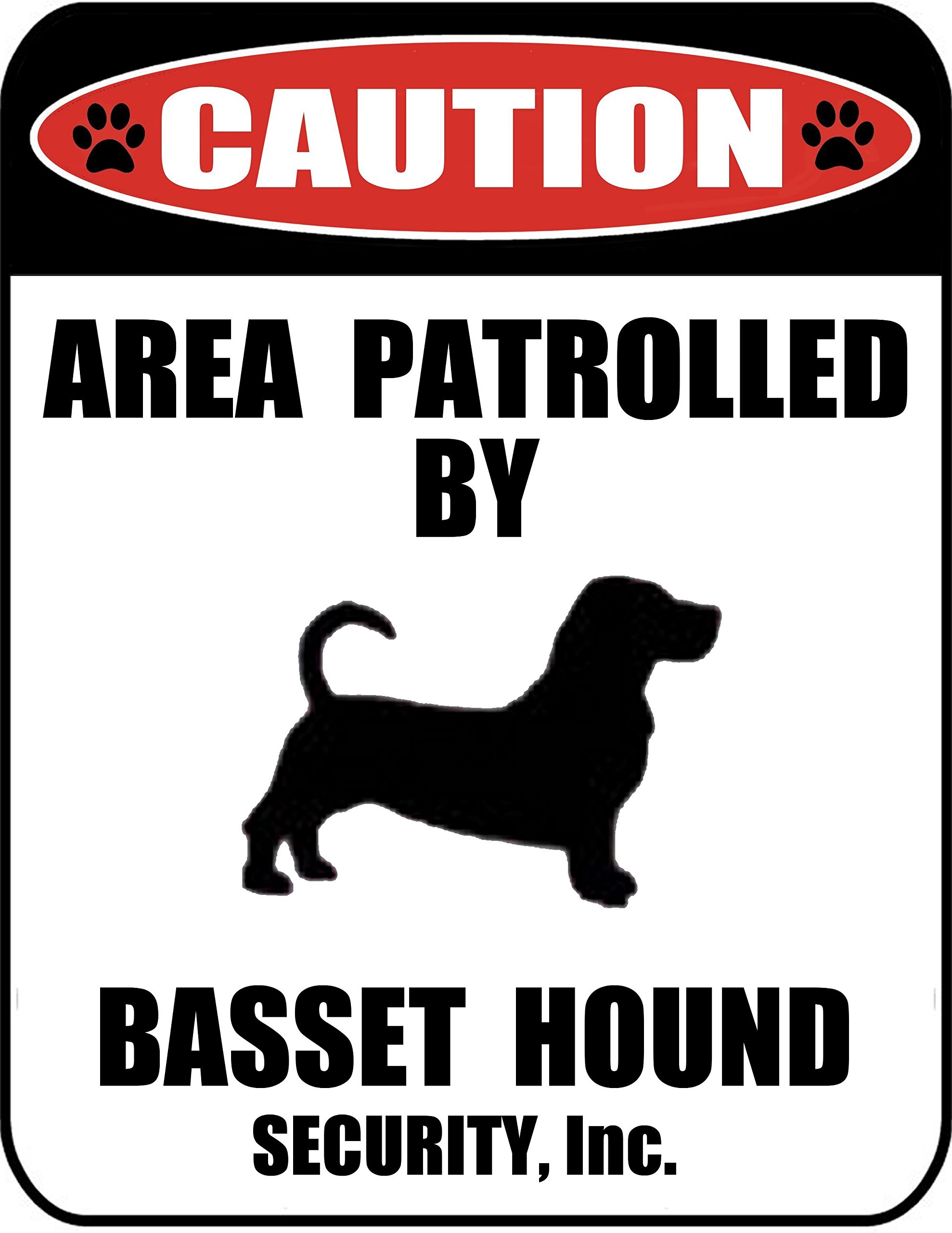 PCSCP Caution Area Patrolled by a Bassett Hound 9 inch x 11.5 inch Laminated Dog Sign