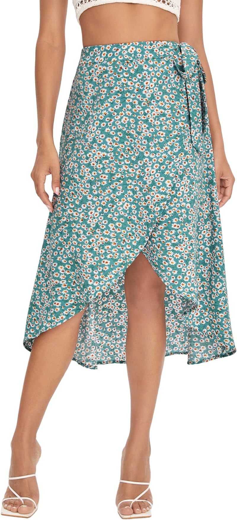 SheIn Women's Boho Ditsy Floral Knot High Waisted Wrap Split Midi Skirt