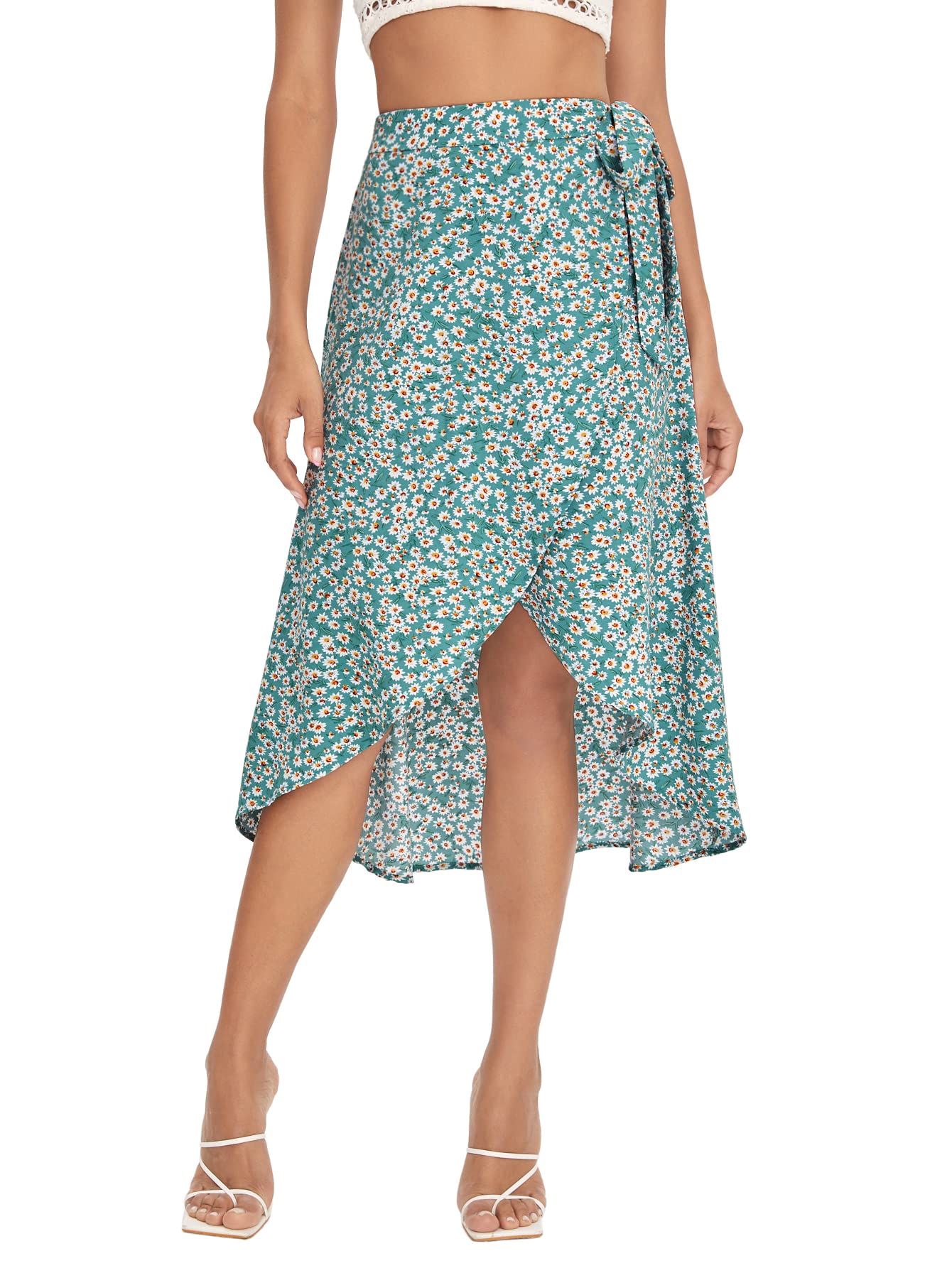 SheIn Women's Boho Ditsy Floral Knot High Waisted Wrap Split Midi Skirt