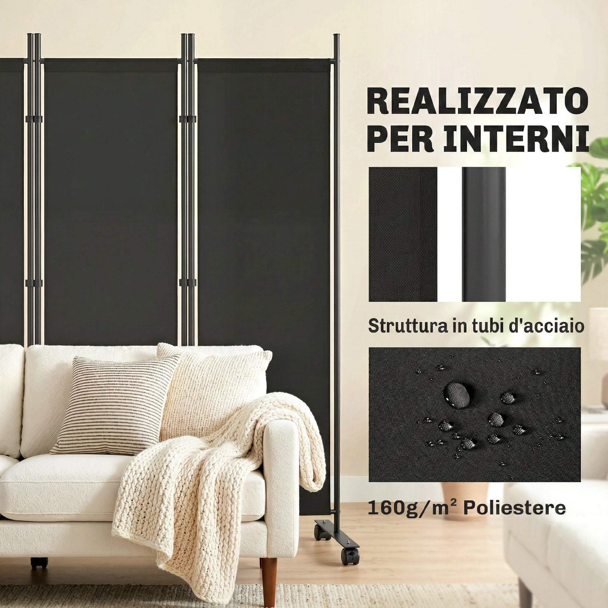 Outsunny Paravento da Interno a 5 Pannelli Pieghevole, 252x40x170 cm Separe Divisorio Interno in Acciaio con 12 Ruote, Divisorio per Ambienti Autoportante per Casa, Soggiorno e Ufficio, Nero