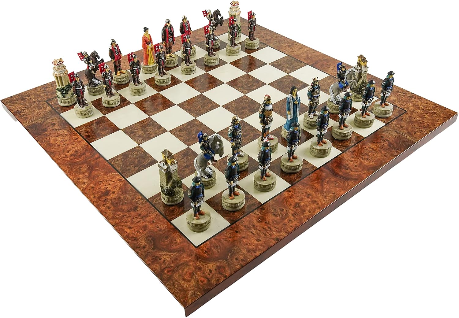 Japanese Samurai Chessmen & Agostino Luxury Chess Board from Italy