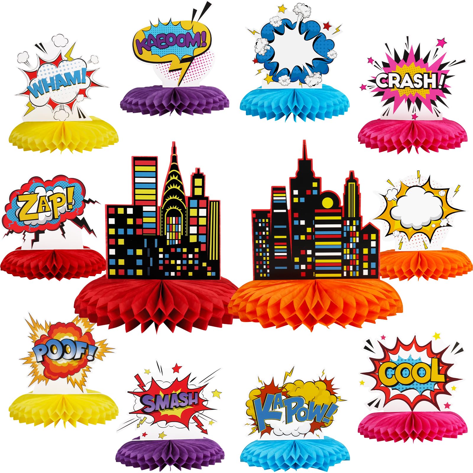 12PCS Hero Party Decoration Hero Honeycomb Centerpieces 3D Hero Table Topper Paper Large Word Centerpieces Fun Hero Action Sign Standing Cards for Happy Birthday Baby Shower Party Supplies Favor