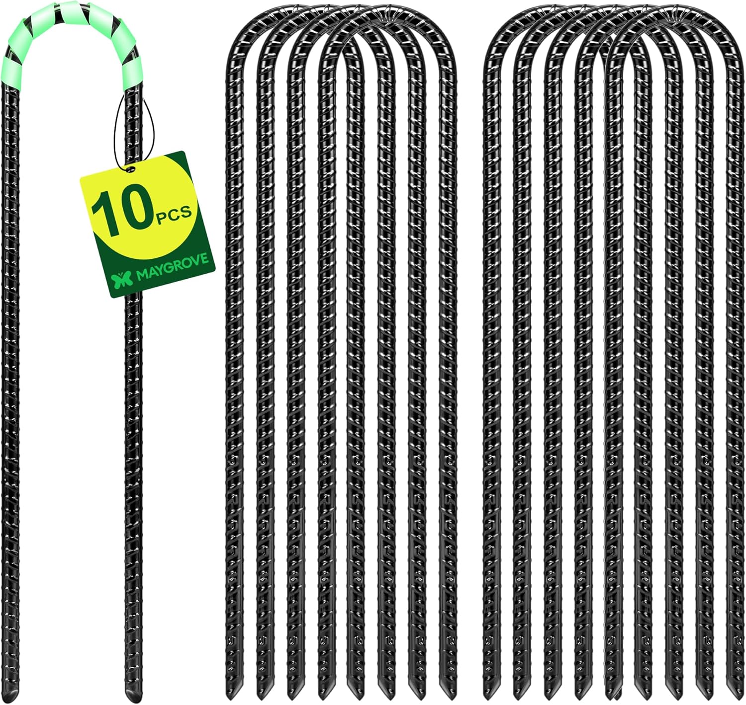Maygrove 12 Inch Rebar Stakes Heavy Duty 10 Pack, U Shaped Ground Stakes, Galvanized Steel Trampoline Stakes, Tent Anchor Kit Anti-Rust, Drip Hose Wind Stakes, Black