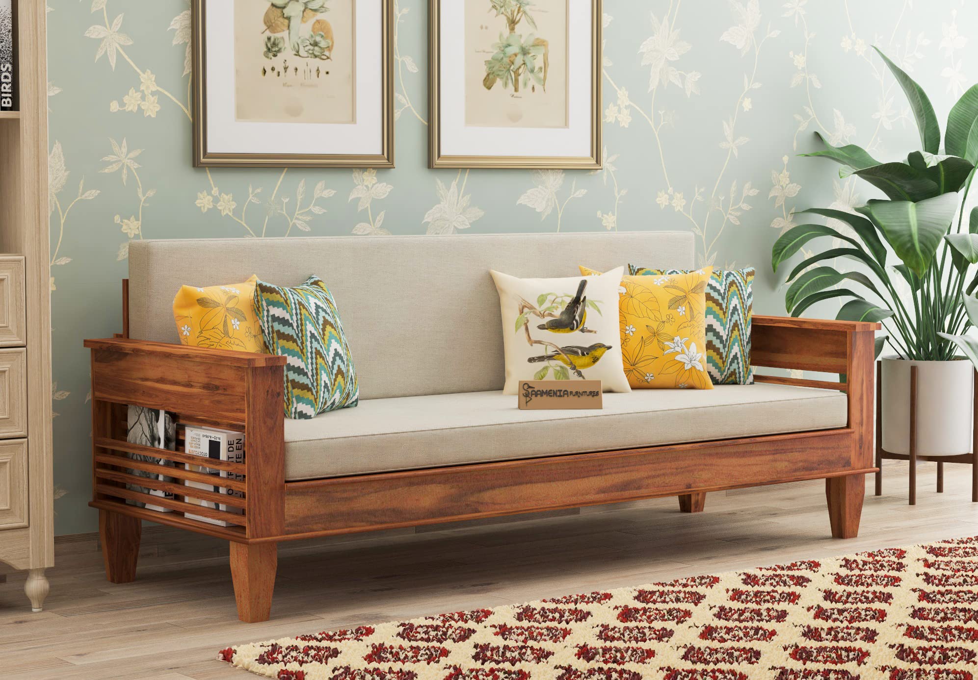 Wooden Solid Sheesham Wood Sofa Set with 40 Density Cushions, 3 Seater Sheesham Wood Stretching Sofa for Living Room Furniture (Honey)-image-24