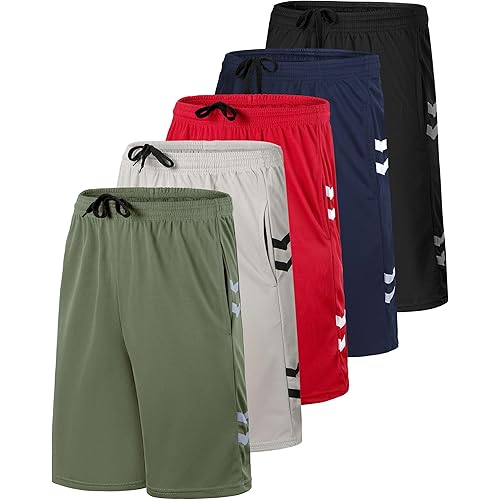 Real Essentials 5 Pack: Men's Mesh Athletic Basketball Shorts Quick Dry Activewear with Pockets