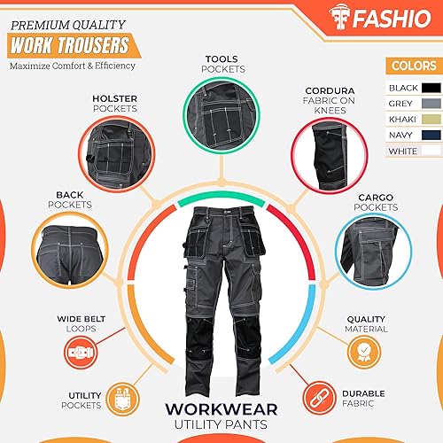Miniatura 7 de Fashio - Pantalones de construcción para hombre, con bolsillos para herramientas de carpintero, con cordón reforzado hasta la rodilla, pantalones de