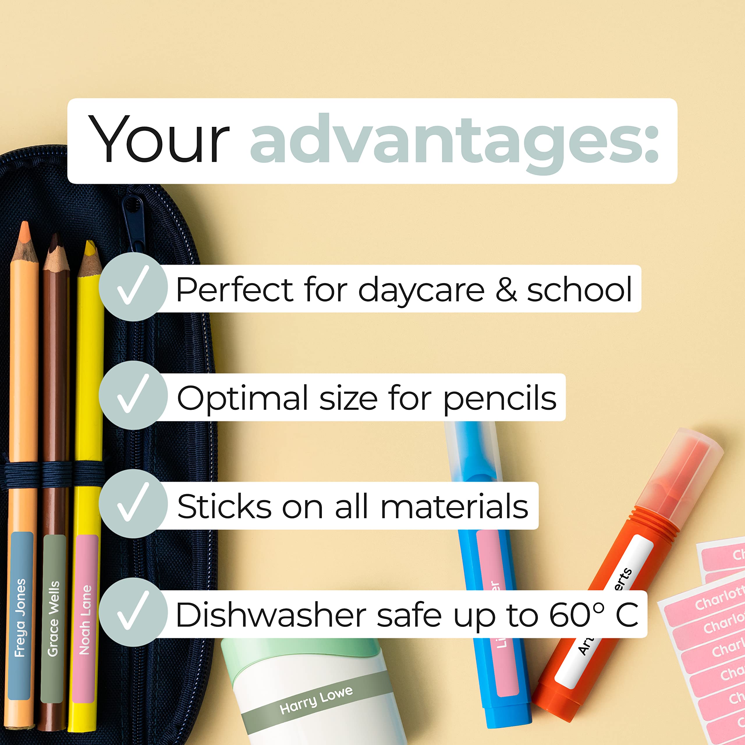 Personalized Name Labels For Kids In School & Daycare (75) - Custom Name Stickers For Pencils And Other School Supplies - Washable In Dishwasher (2.0" X 0.3") - White