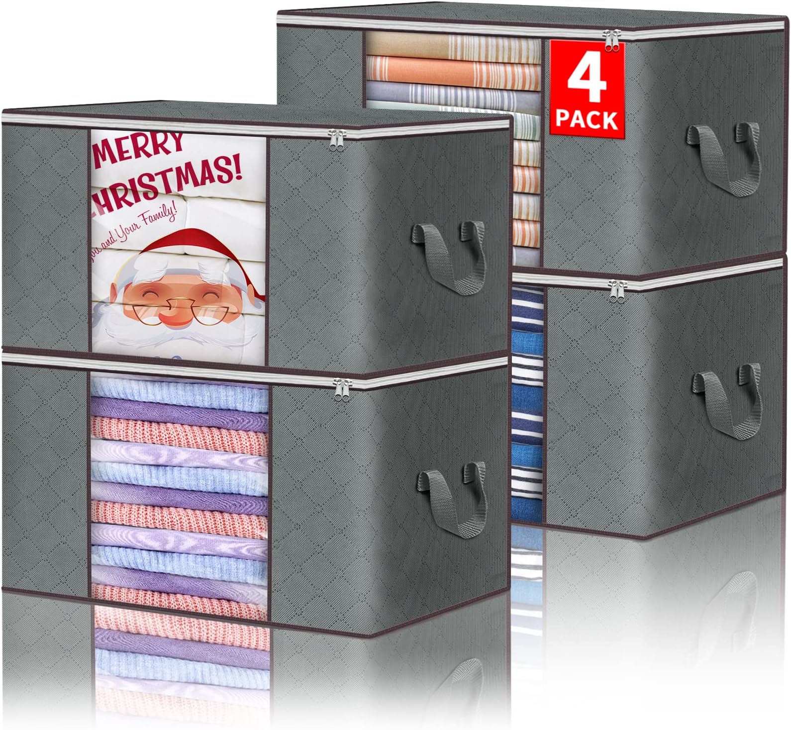 Budding Joy Clothes Storage, Foldable Large Storage Bags, Storage and Organization for Clothing, Blanket, Comforter, Clothes, Pillows, Toys, Closet Organizers with Enhanced Handle, 60L 4 Pack