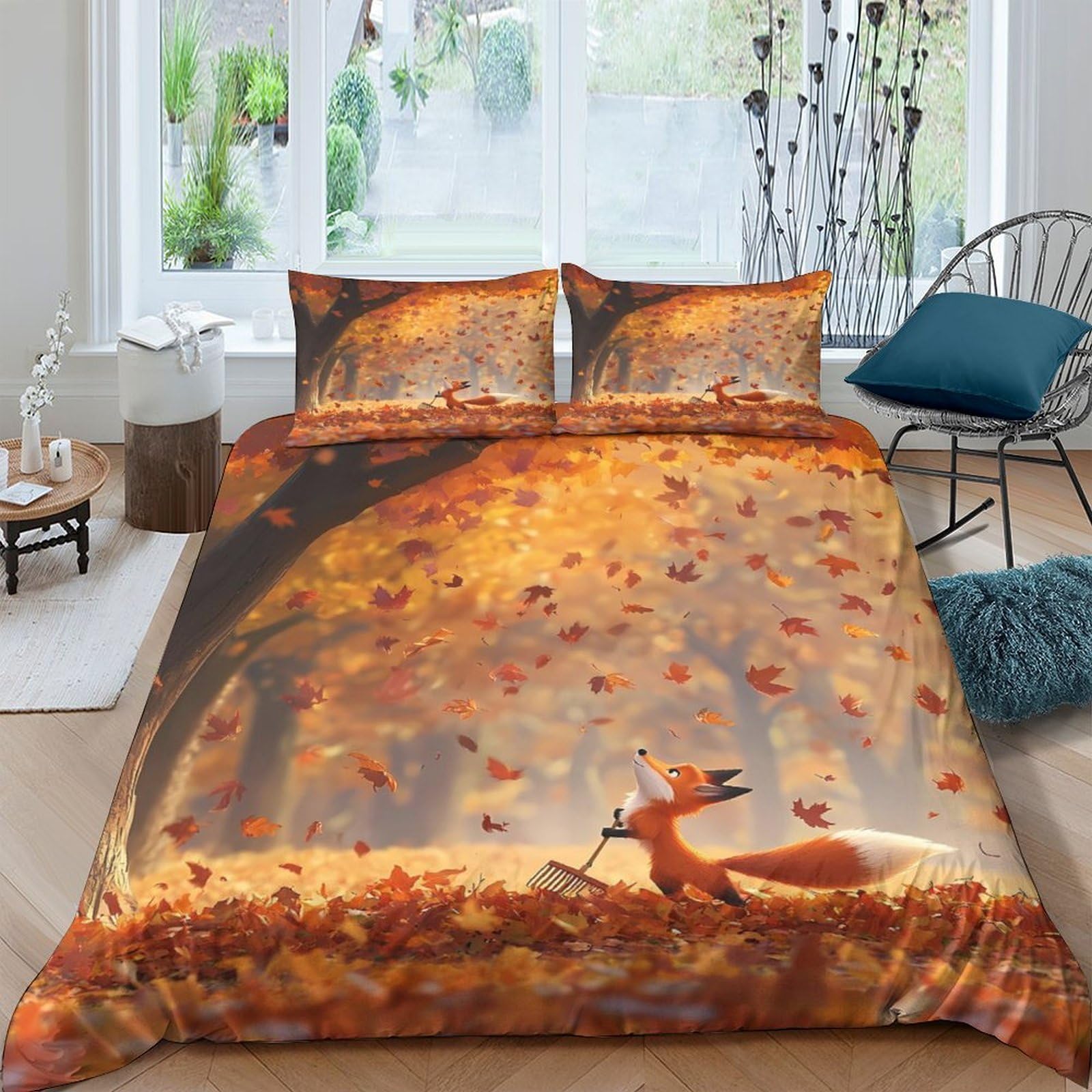 GPLZQXKJNH 3D Printed Autumn Forest Fox Duvet Cover Microfiber Soft Breathable Leaves Quilt Cover Bedding Set with 2 Pillowcases for Bedroom Decor Single（135x200cm）