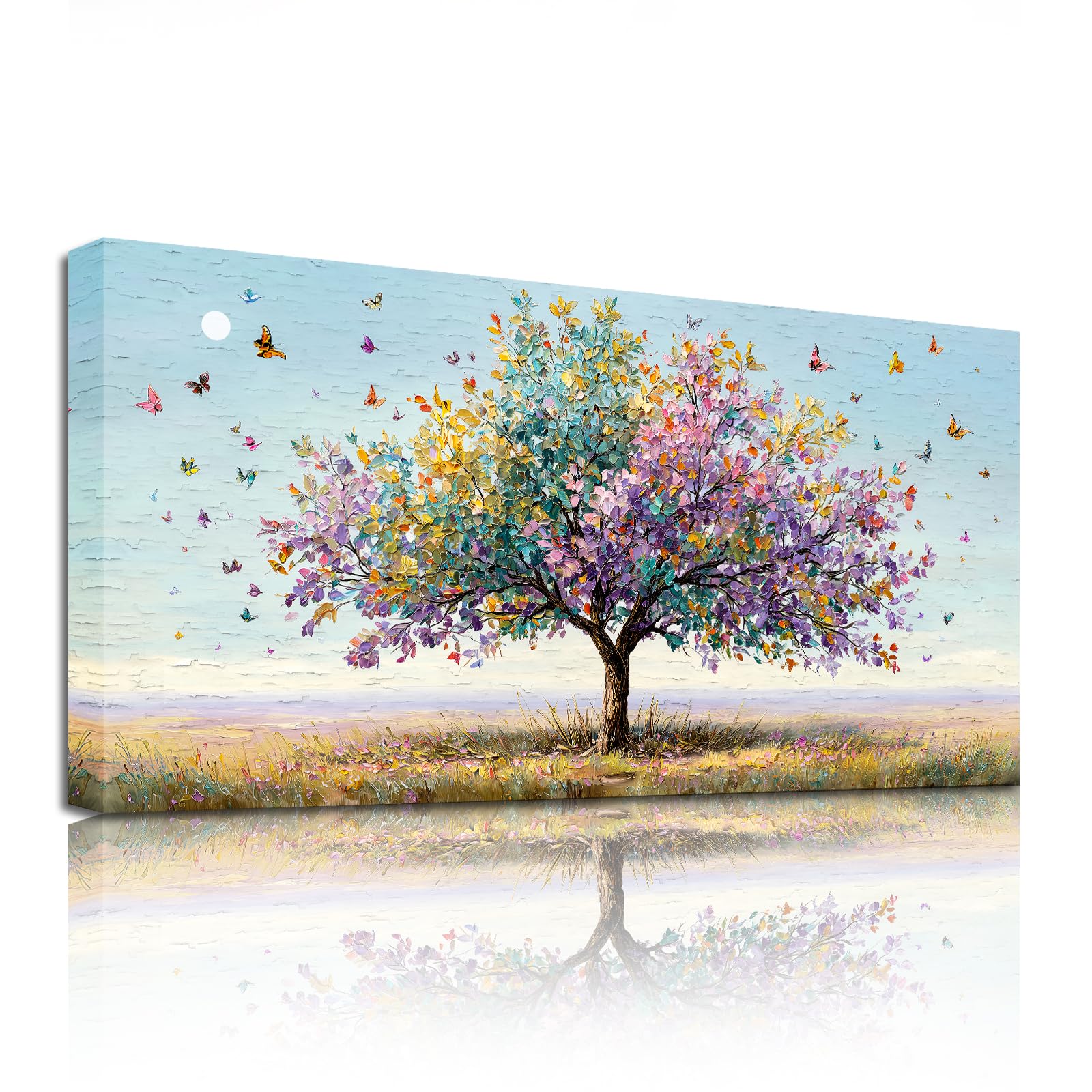 SERIMINO Tableau Decoration Murale Arbre de Vie Grand Naturelle 59x119 cm | Motif Papillons Colorés Feuilles, Impression HD, Cadre Bois, Installation Simple, Multi Espaces, Cadeau, Grand Format