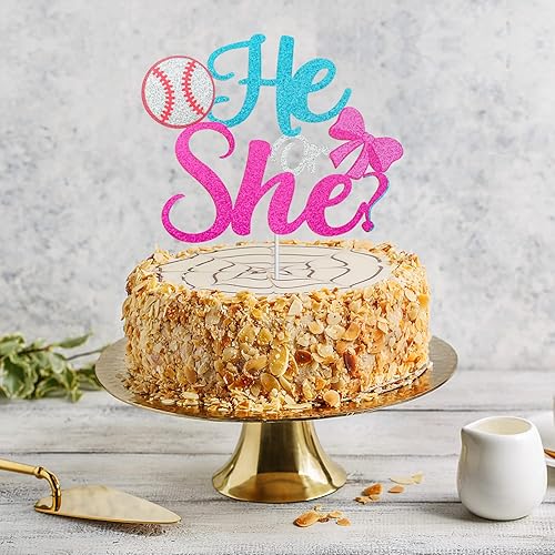 Miniatura 6 de Él or She Gender Reveal Cake Topper - Decoración para pastel de béisbol o lazos para niño o niña, suministros de anuncio de embarazo azul o rosa