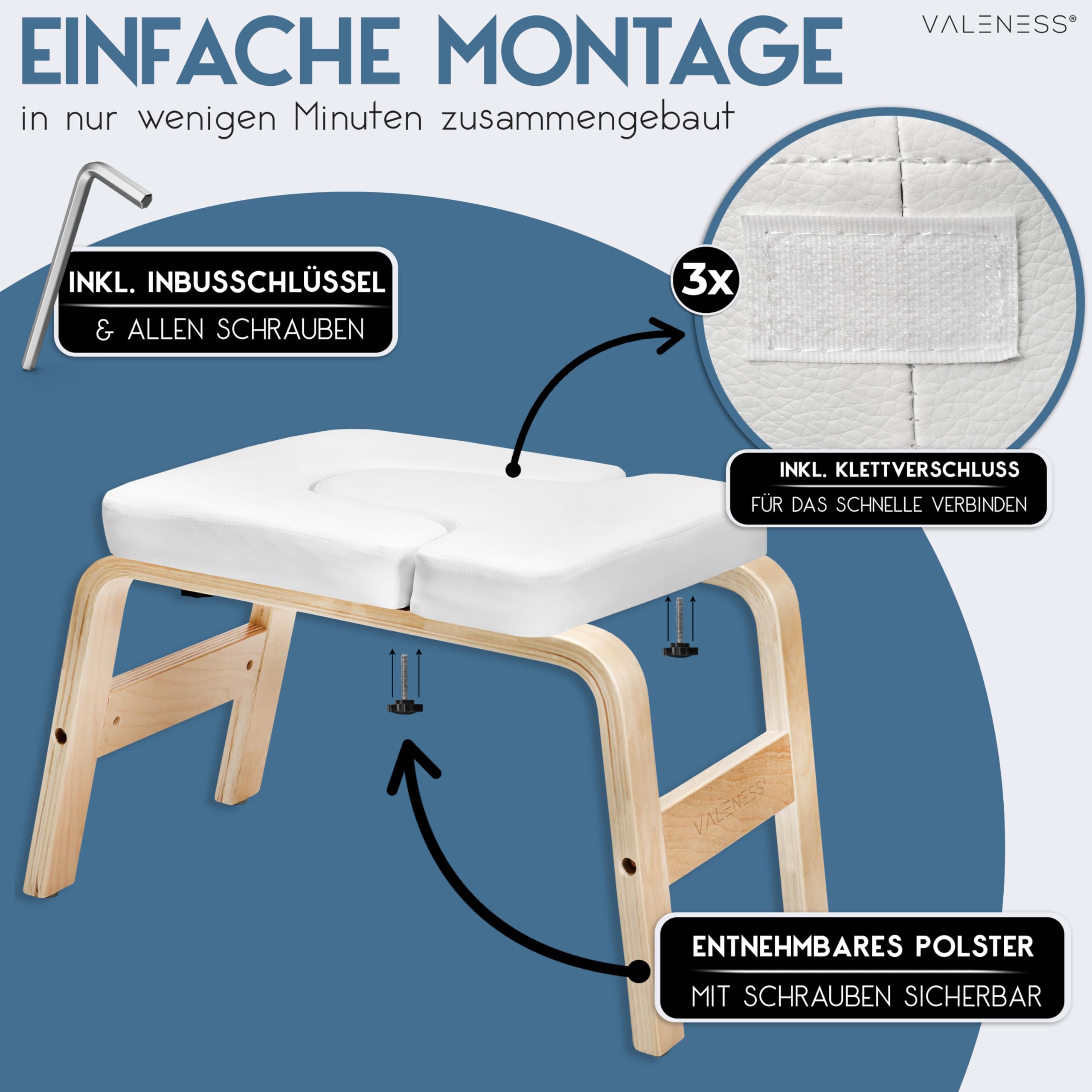 VALENESS® Yoga Kopfstandhocker - Hochwertiger Yoga Hocker inkl. Yogagurt, Yogablock & Übungsposter - Yoga Stuhl zur Handstand-Übung aus massivem Naturholz - Yoga Ausrüstung für Zuhause… (weiß)