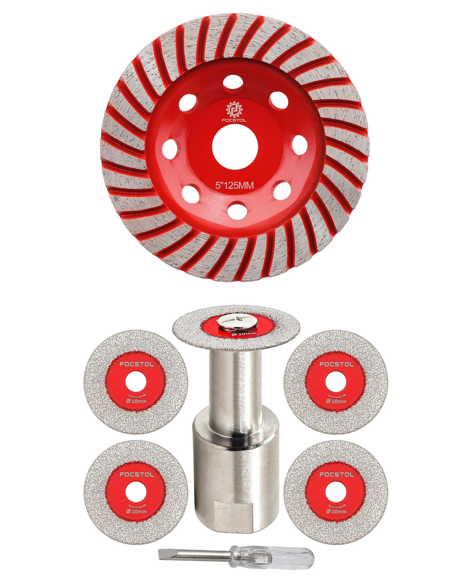 FOCSTOL Disco Corte Vidrio 5 piezas 30mm y 1 pieza M14 Brida y Muela de Copa Diamante 125mm Turbo Fila Disco Diamante de Lijar