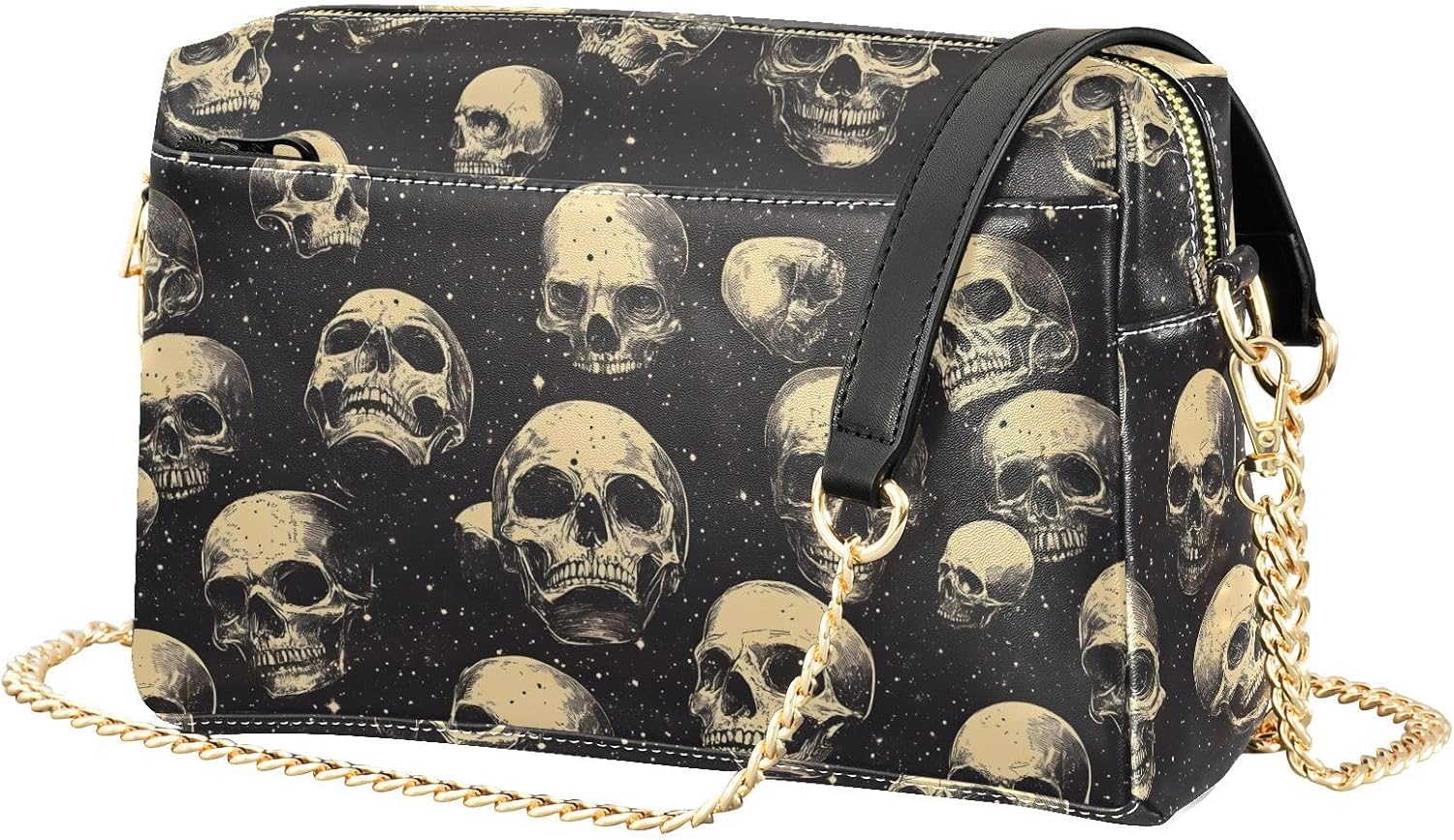 Women Crossbody Bag Shoulder Handbag Cellphone Purse PU Leather Metal Chain Strap Water Resistant Zipper Closure Vintage Skull Pattern Print
