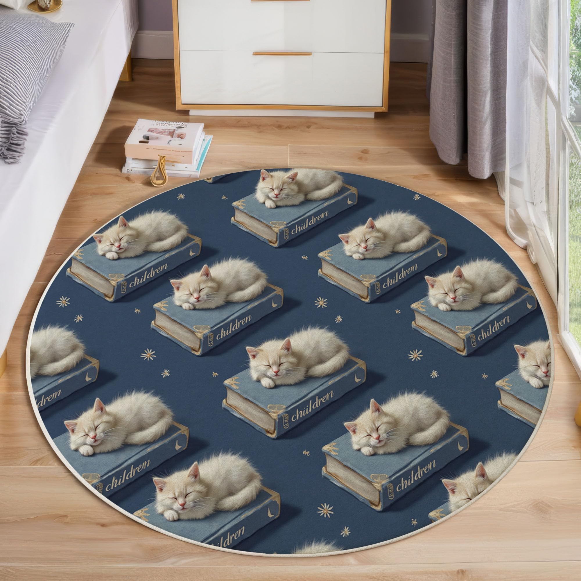 Tapis Rond De Chambre d'enfant 100 Cm - Chat Mignon Livres Bleu Marine - Motif Animaux Ciel Étoilé - Moelleux Et Antidérapant - Tapis De Salon À Poils Courts - Lavable - Moderne Doux