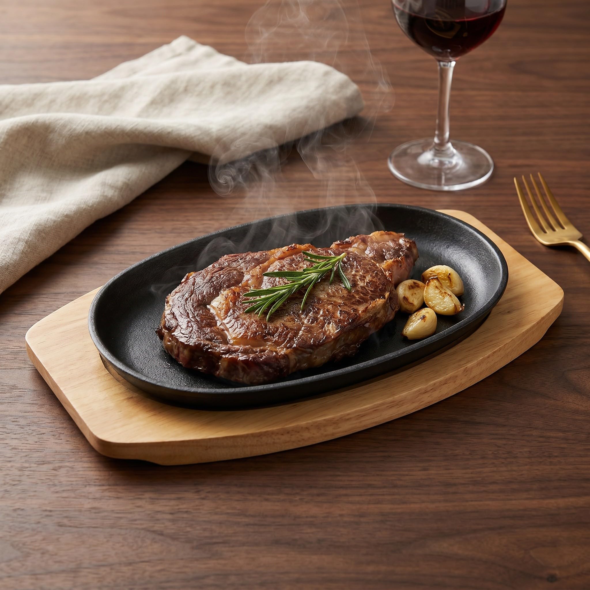 Operitacx Plaque de cuisson pour fajitas : Poêle à fajitas avec base en bois - Poêle ovale - Plaque de service et support pour teppanyaki, idéale pour les restaurants et les barbecues.